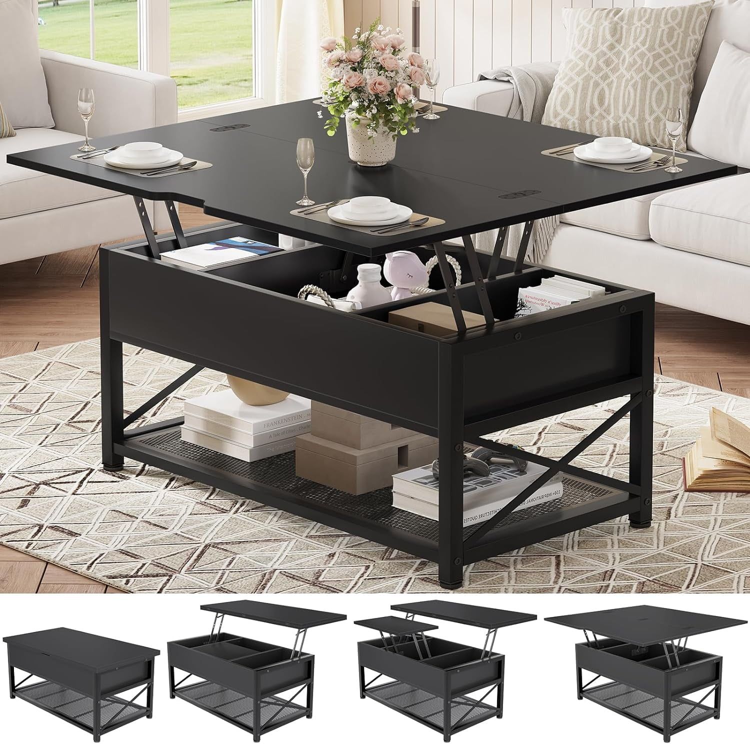 Black Rectangular Wood Lift-Top Coffee Table with Storage