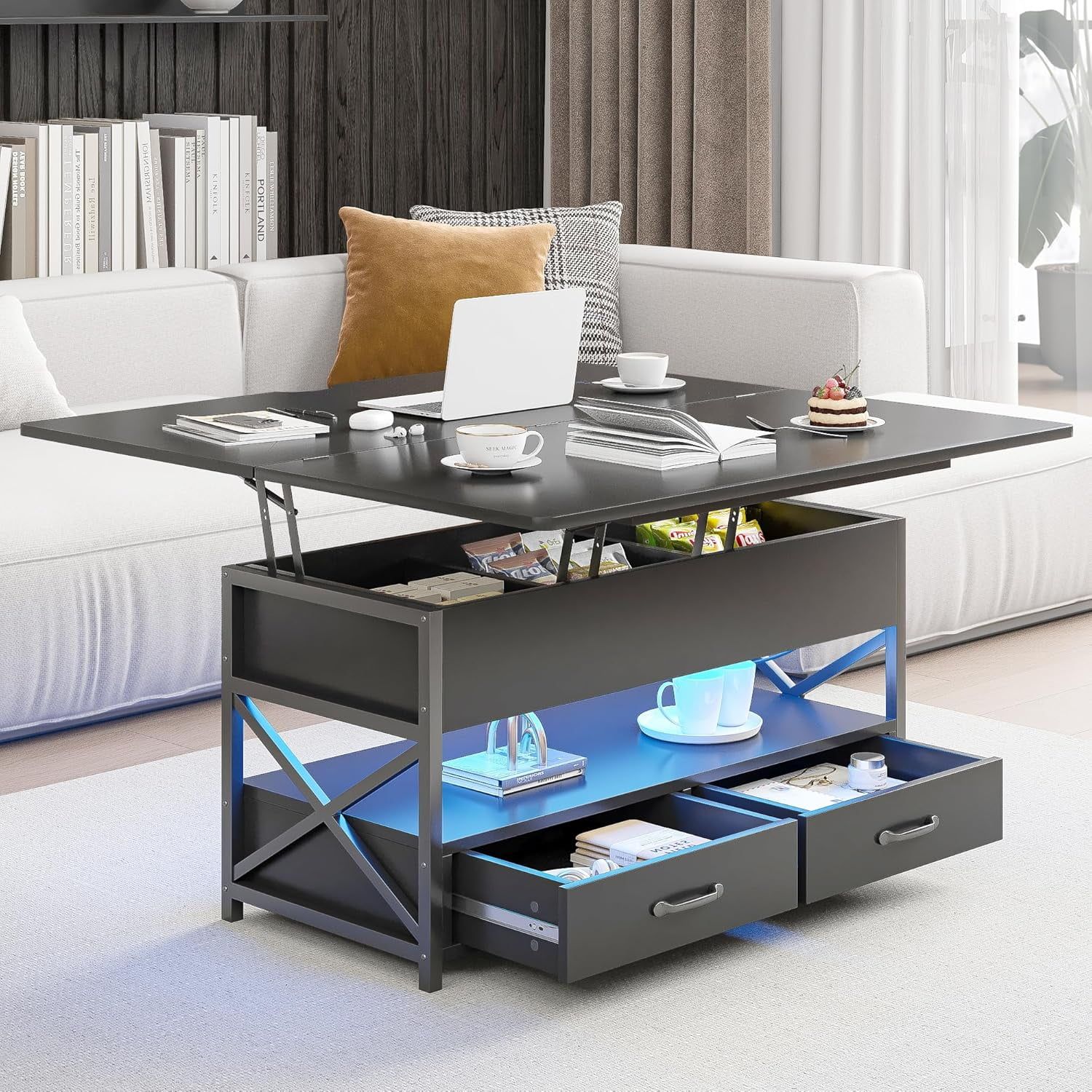 Black Rectangular Lift-Top Coffee Table with Storage and LED Light