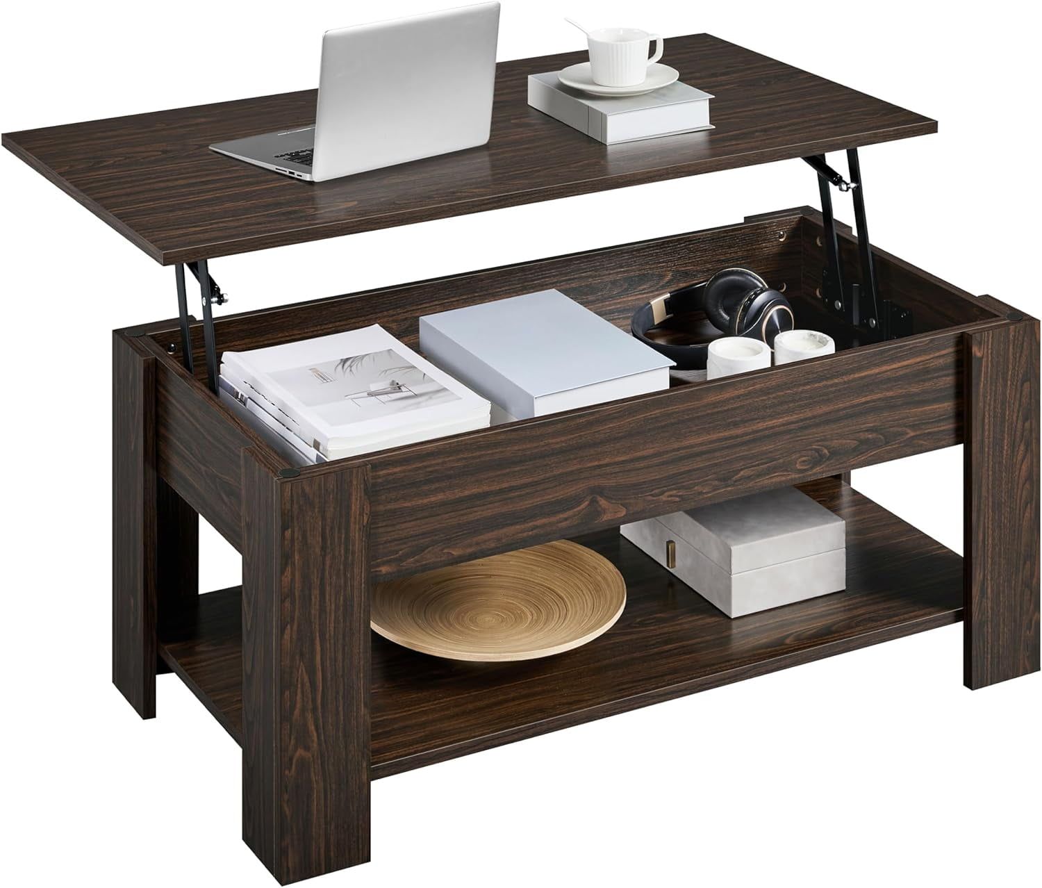 Espresso Lift-Top Coffee Table with Hidden Storage and Shelf