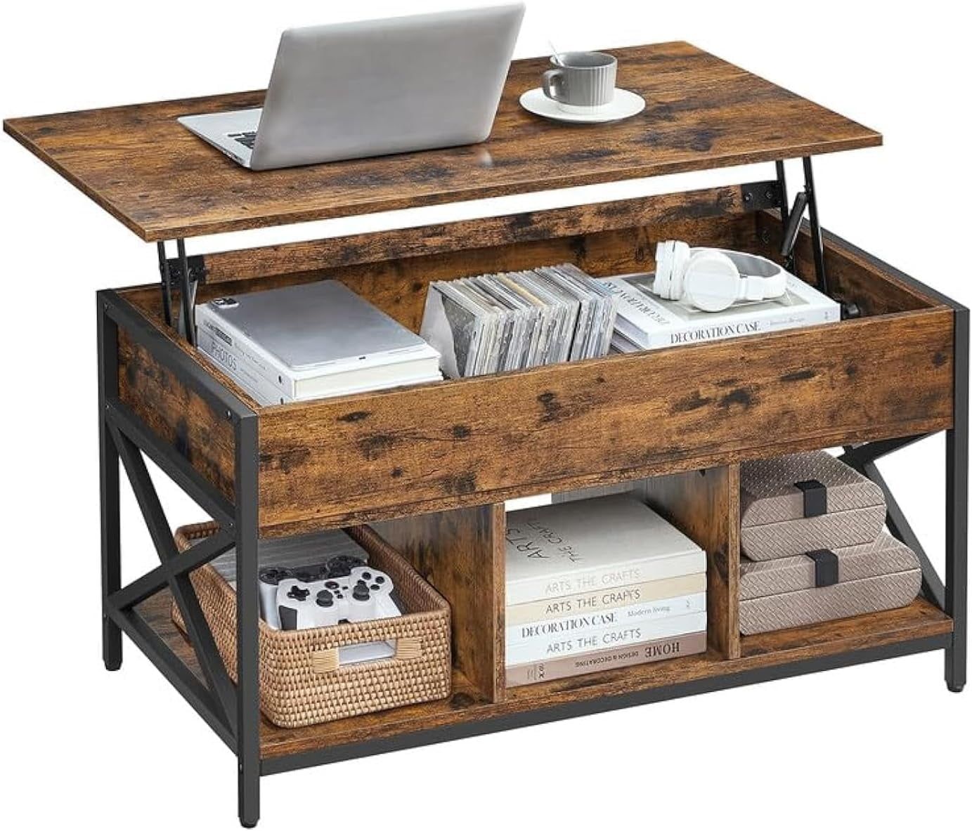 Rustic Brown and Black Lift-Top Coffee Table with Storage