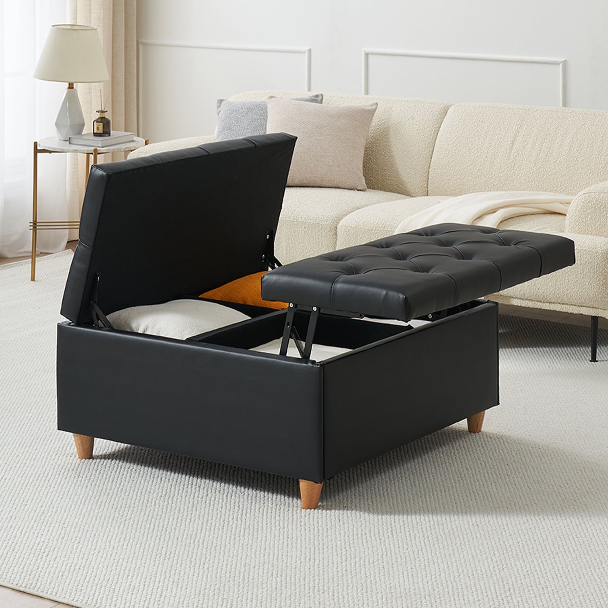 Black Faux Leather Tufted Lift-Top Storage Ottoman Coffee Table