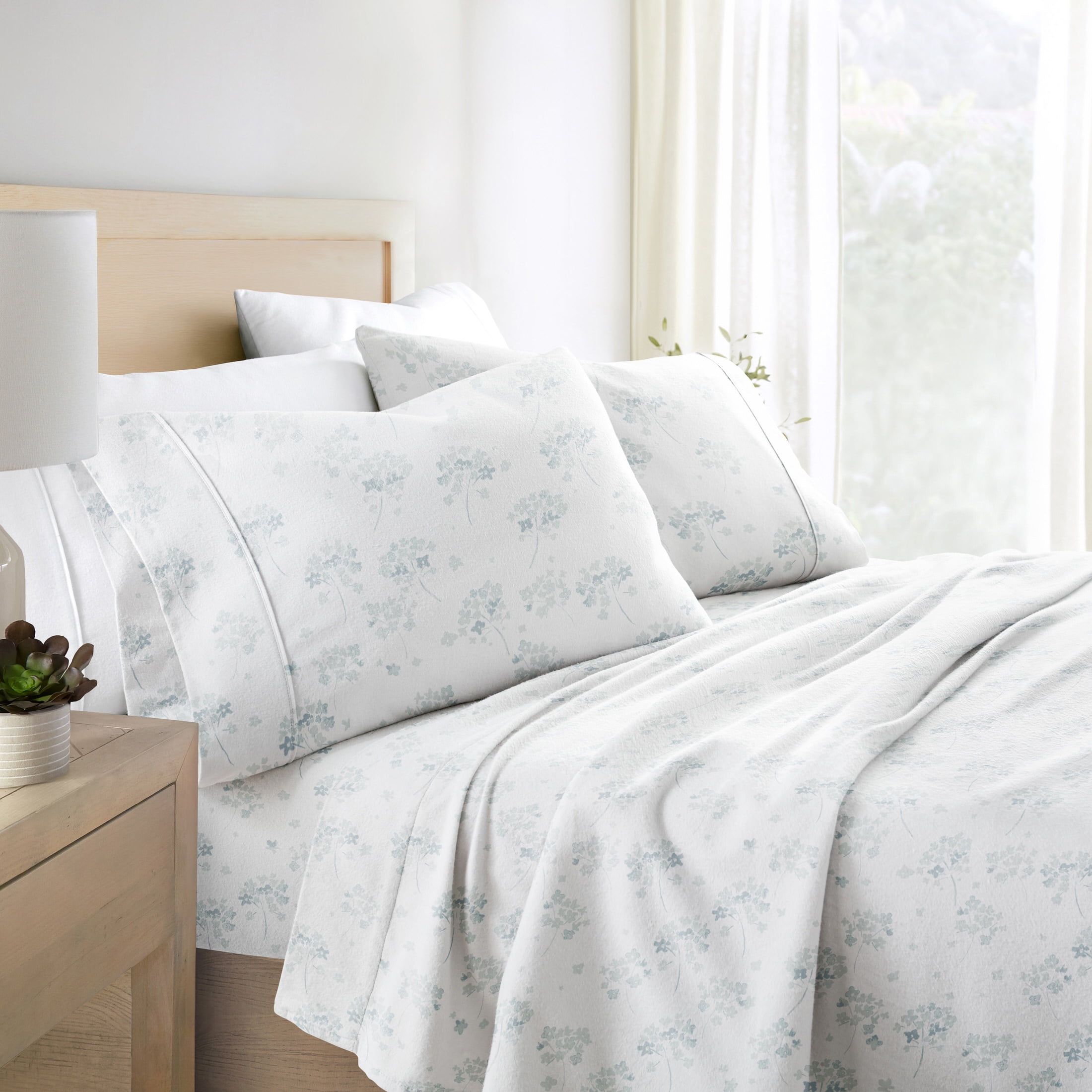 Light Blue Floral Cotton Flannel Full Deep Pocket Sheet Set