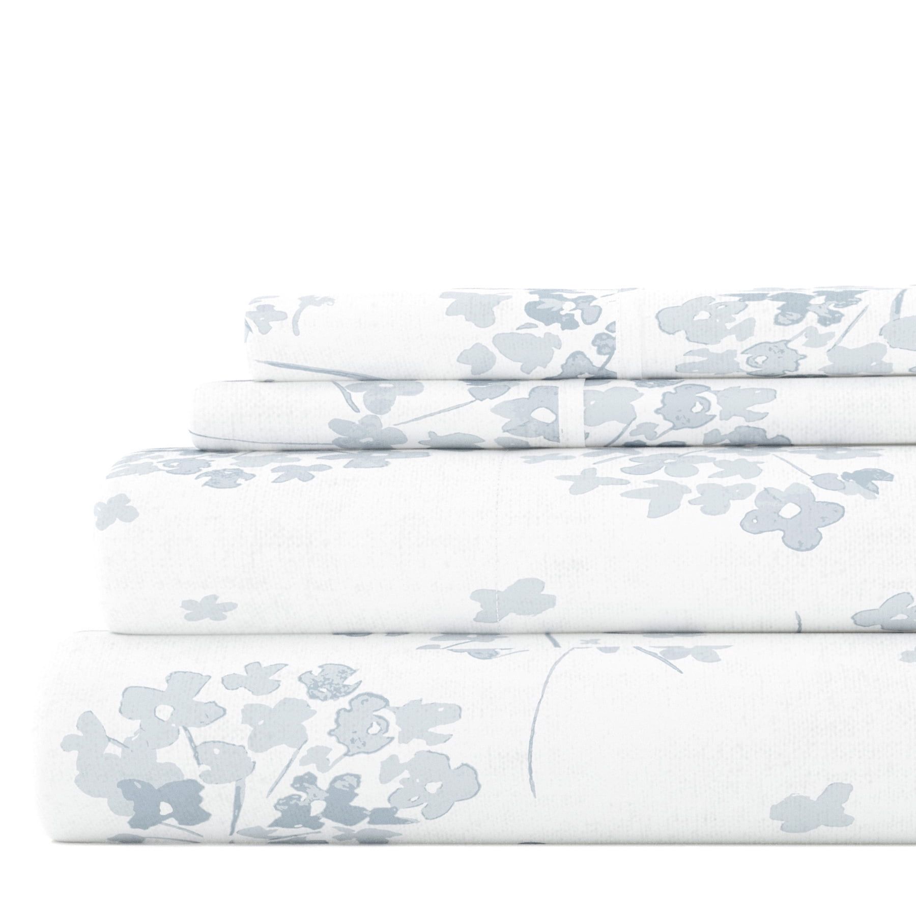 Light Blue Floral Cotton Flannel Queen Sheet Set