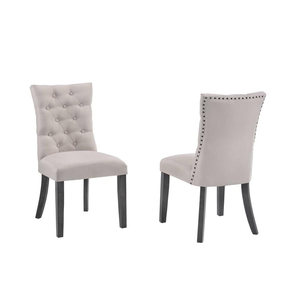 Light Gray Linen Tufted Parsons Side Chair with Dark Wood Legs