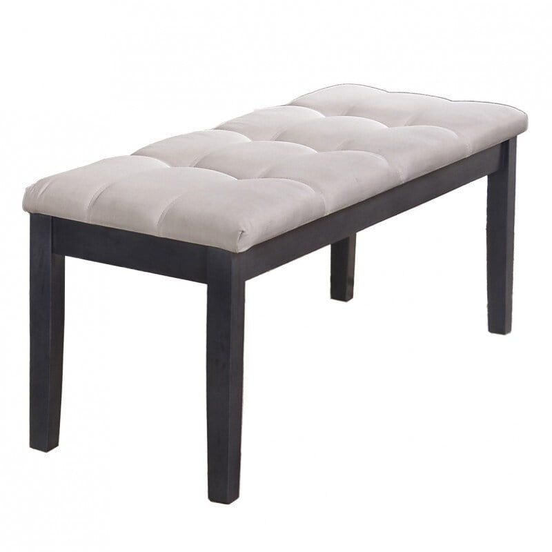 Light Gray Linen Tufted Dining Bench with Dark Wood Frame