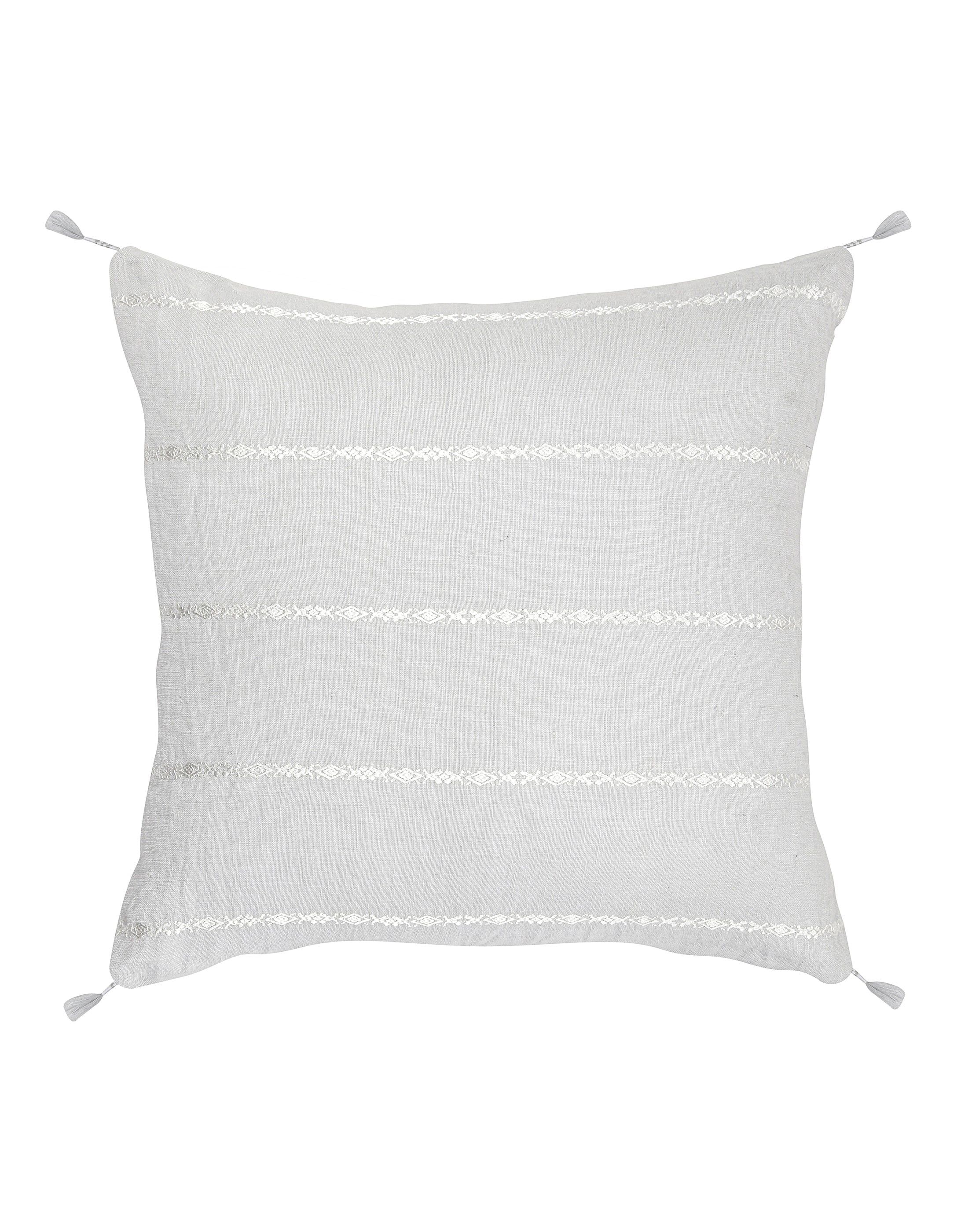 Light Gray and White Embroidered Linen Throw Pillow with Tassels