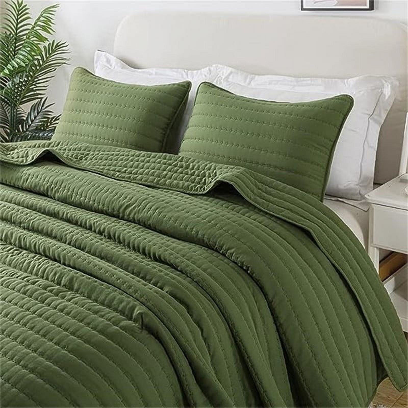 Olive Green Queen Size Microfiber Bedspread Set