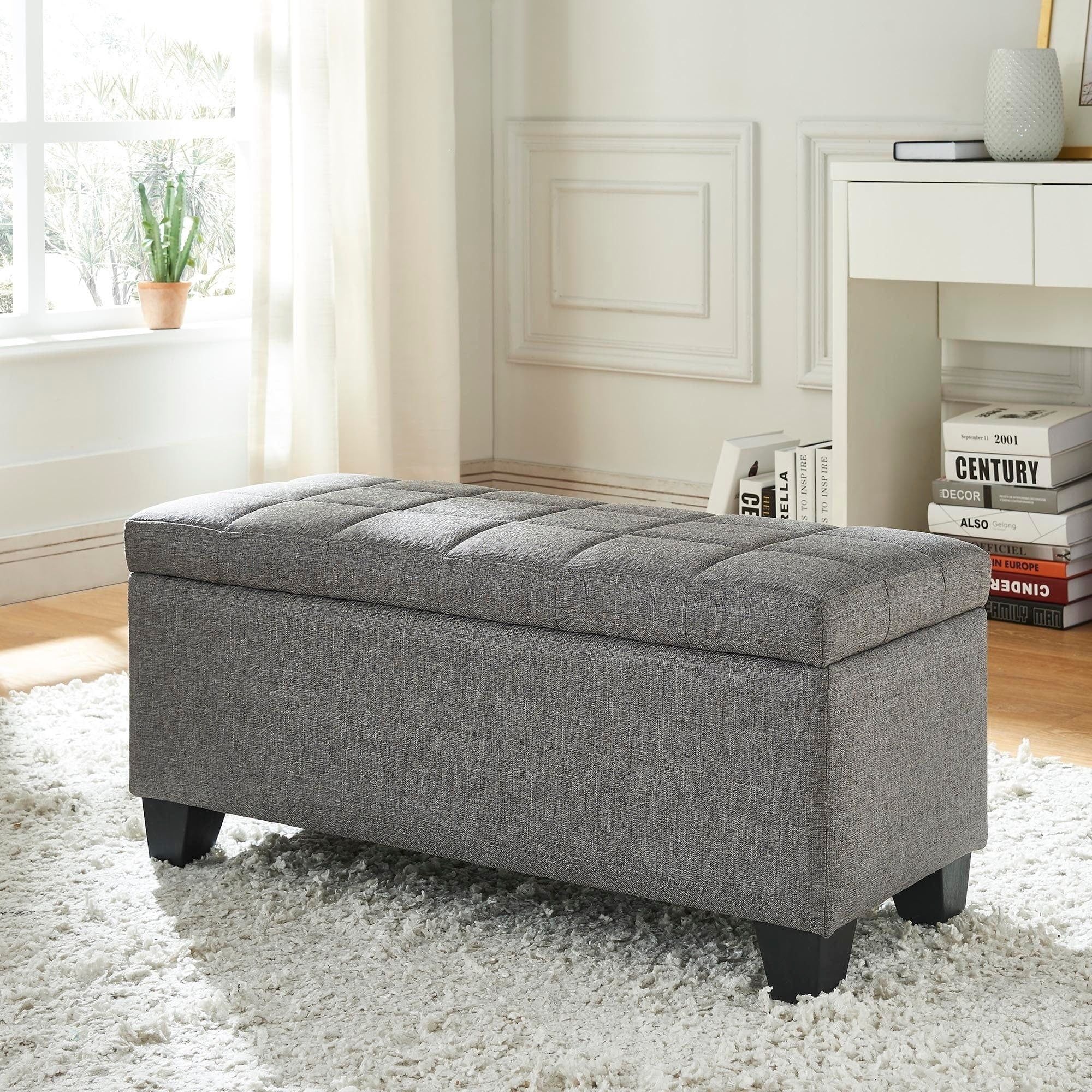 Plush Grey Tufted Upholstered Storage Ottoman, 35.5" x 16.5"