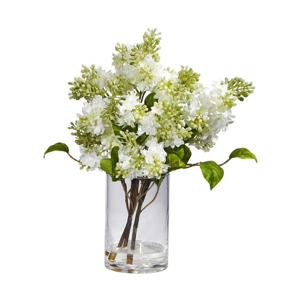 White and Green Lilac Silk Flower Arrangement in Glass Vase