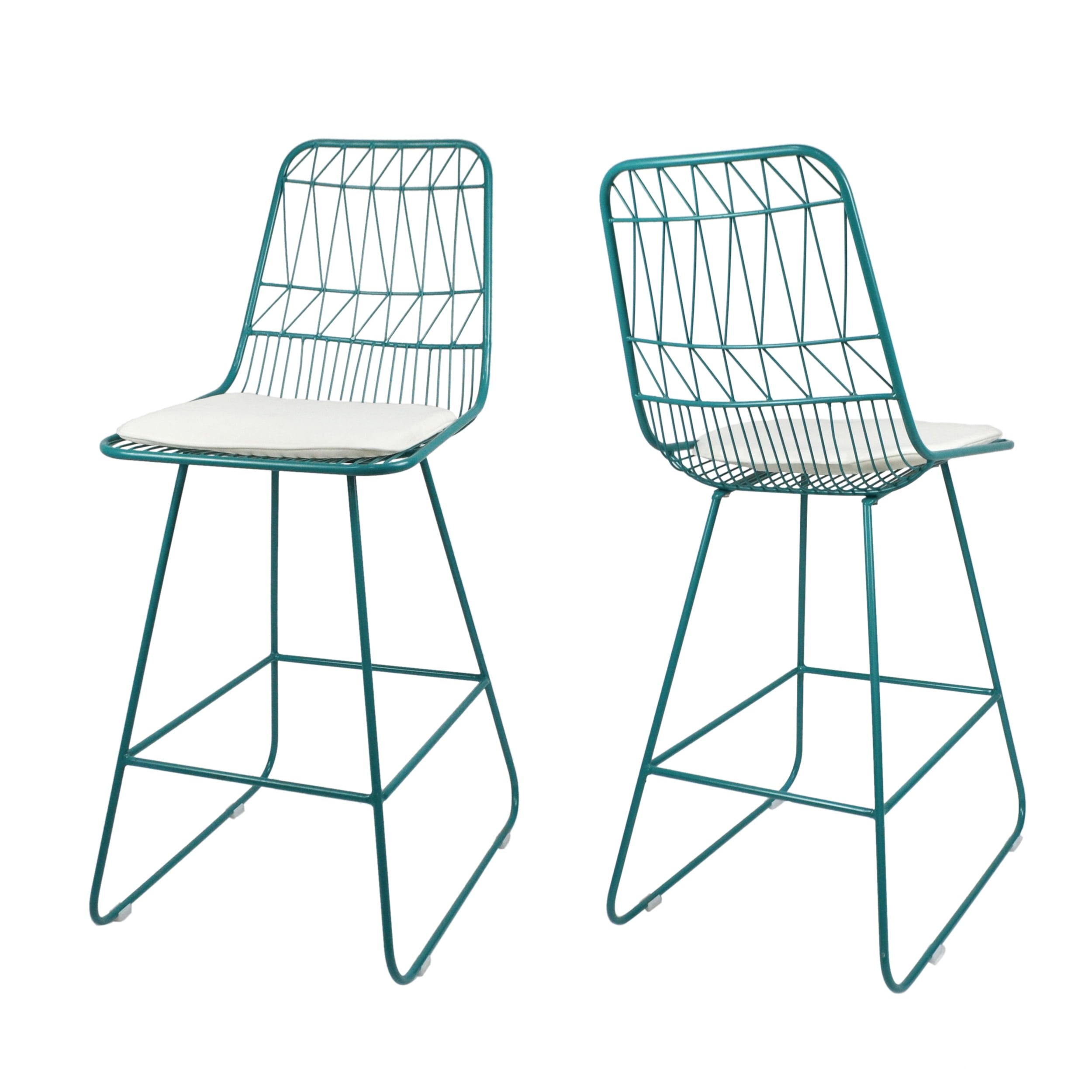 Teal Iron Frame Counter Stools with Ivory Cushions, Set of 2