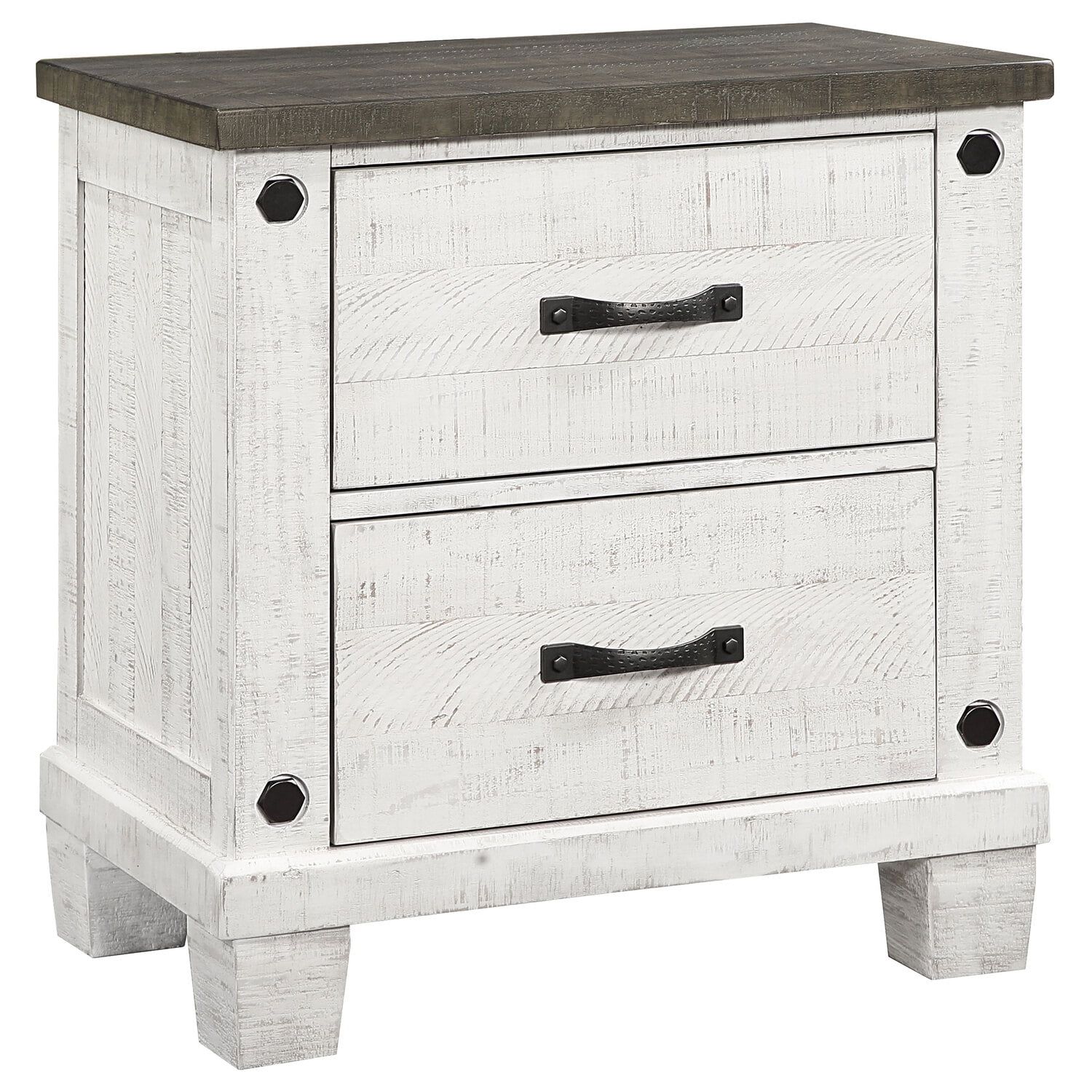 Distressed Gray and White 2-Drawer Pine Wood Nightstand