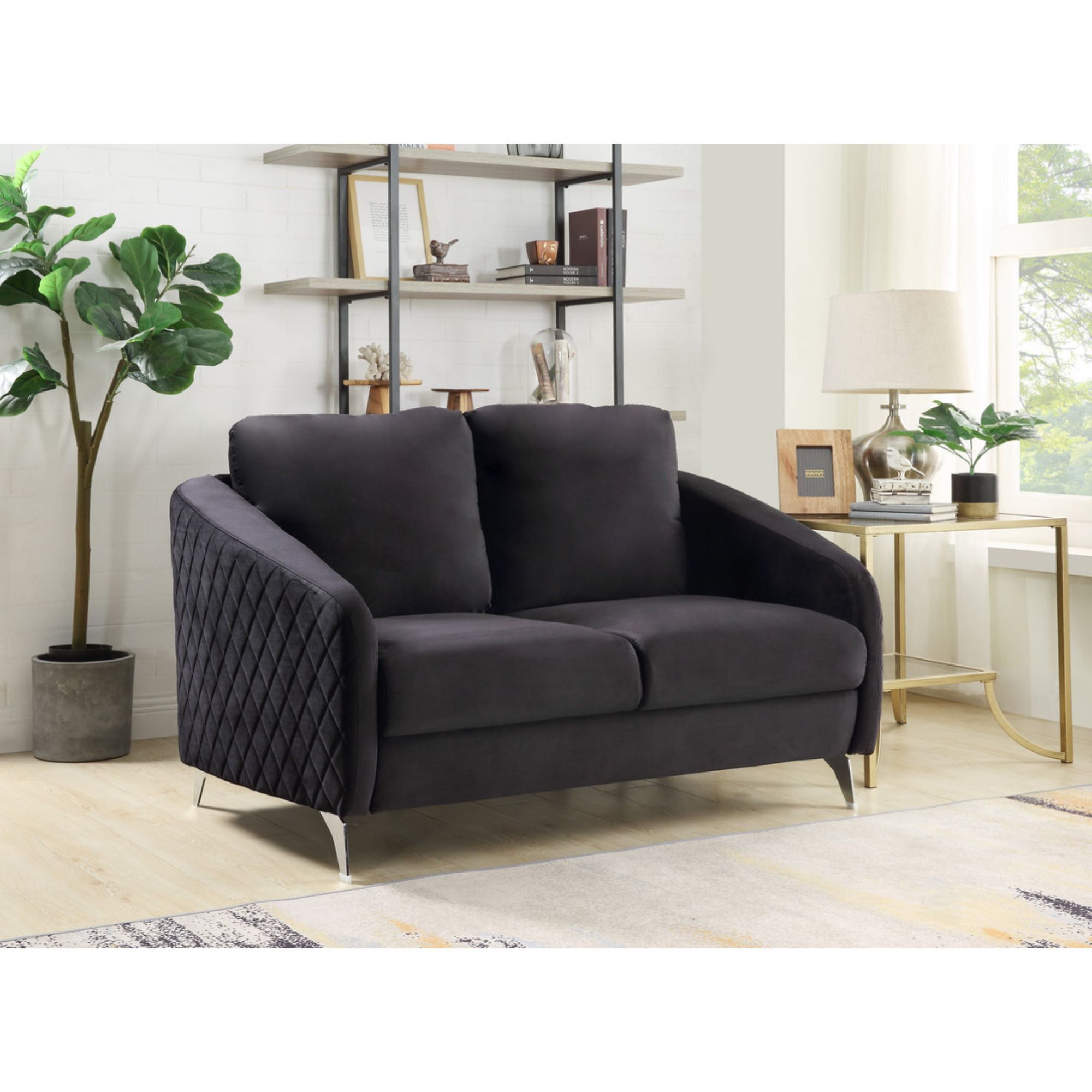 Sofia Chic Black Velvet Loveseat with Silver Finish Legs