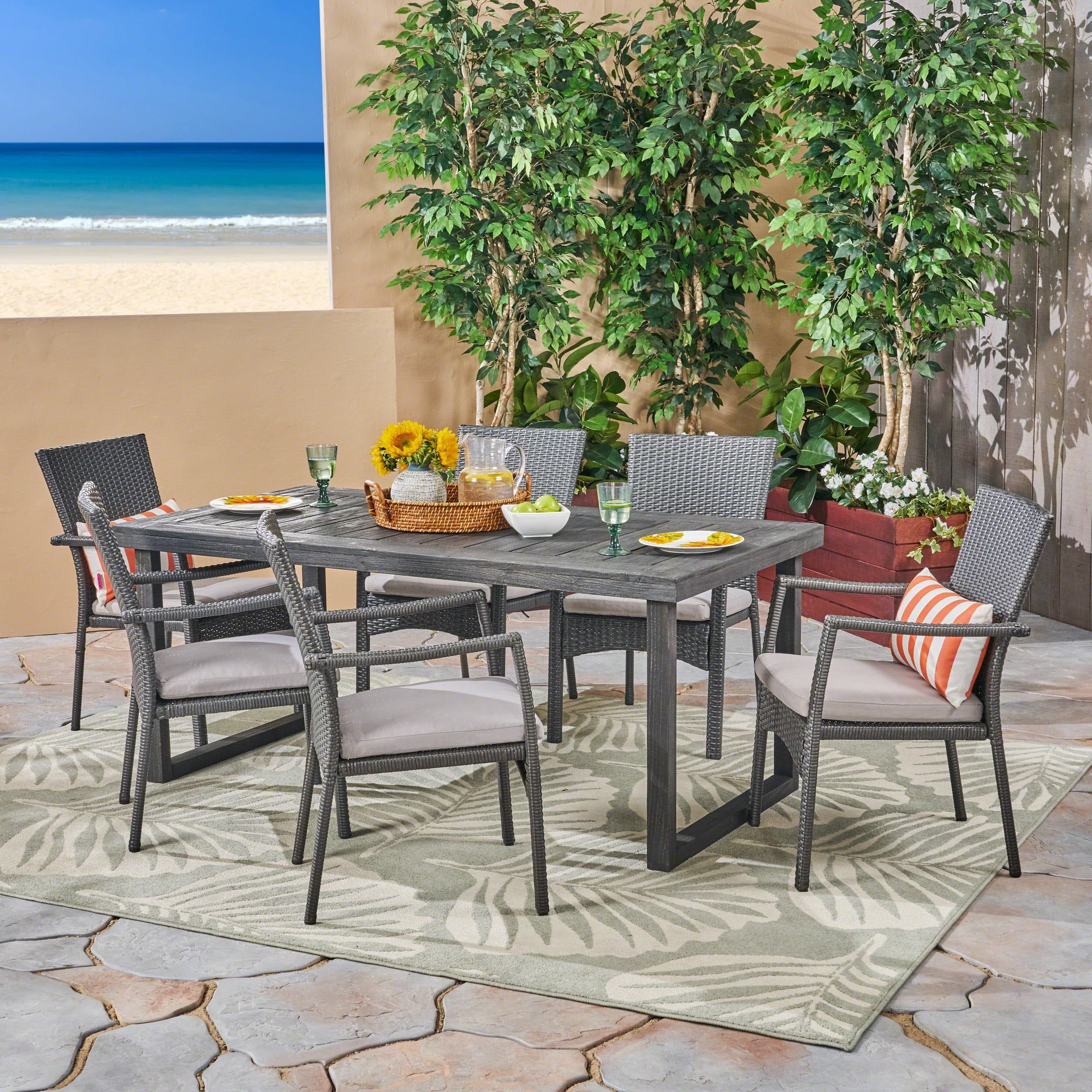 Sandblast Dark Grey 7-Piece Acacia Wood Dining Set with Cushions