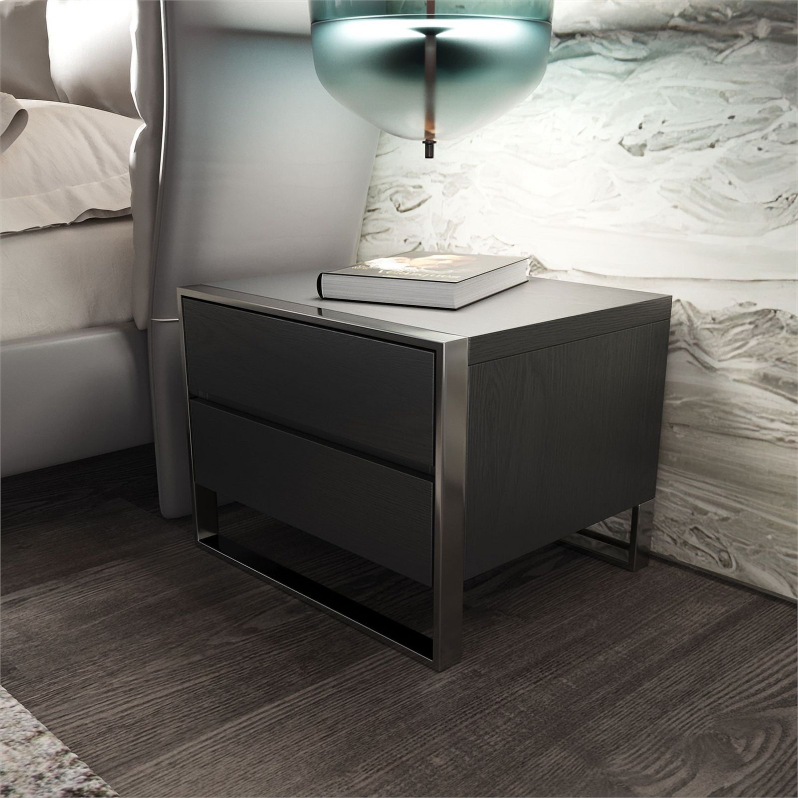 Gray Oak Veneer 2-Drawer Nightstand with Stainless Steel Frame