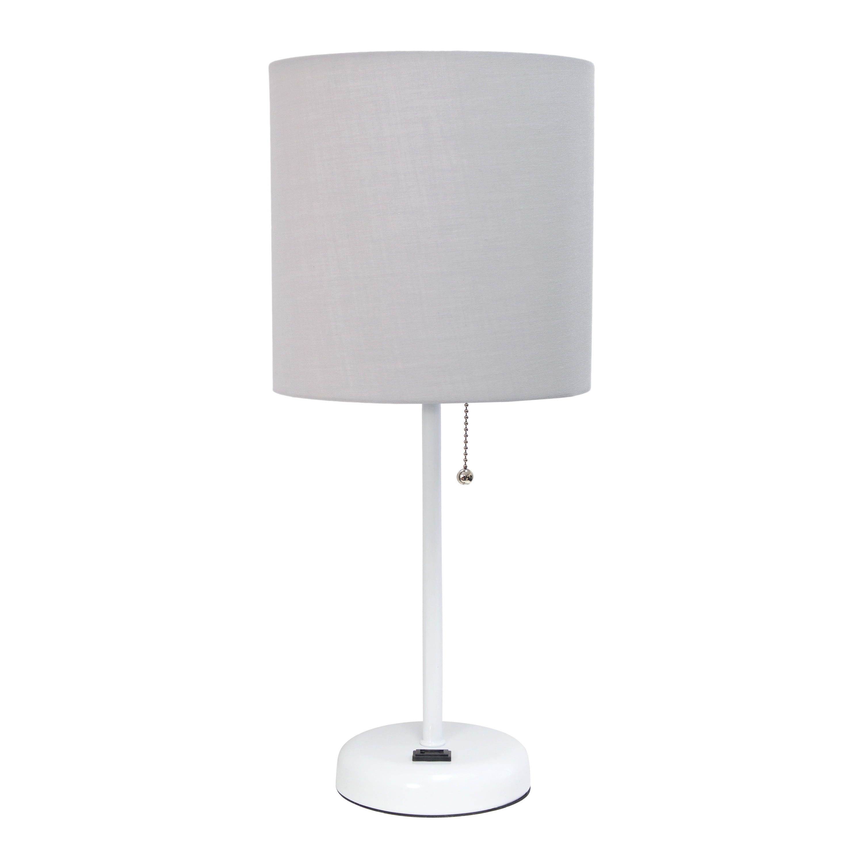 White Stick Lamp with Gray Fabric Shade and Charging Outlet