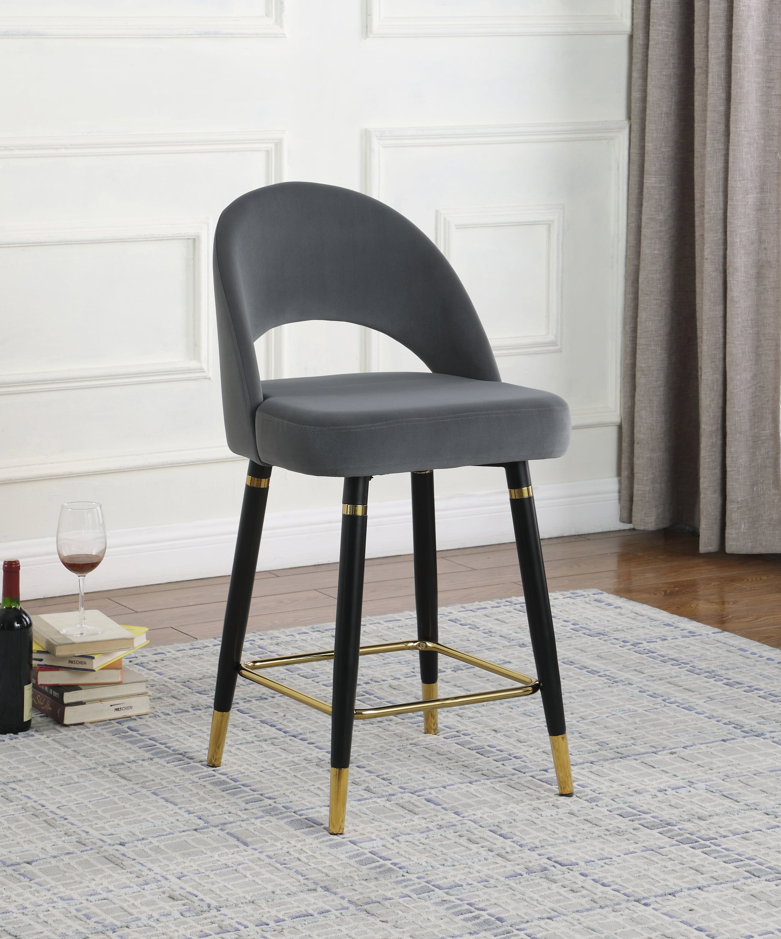 Gray Velvet Upholstered Arched Back Counter Stools with Gold Accents