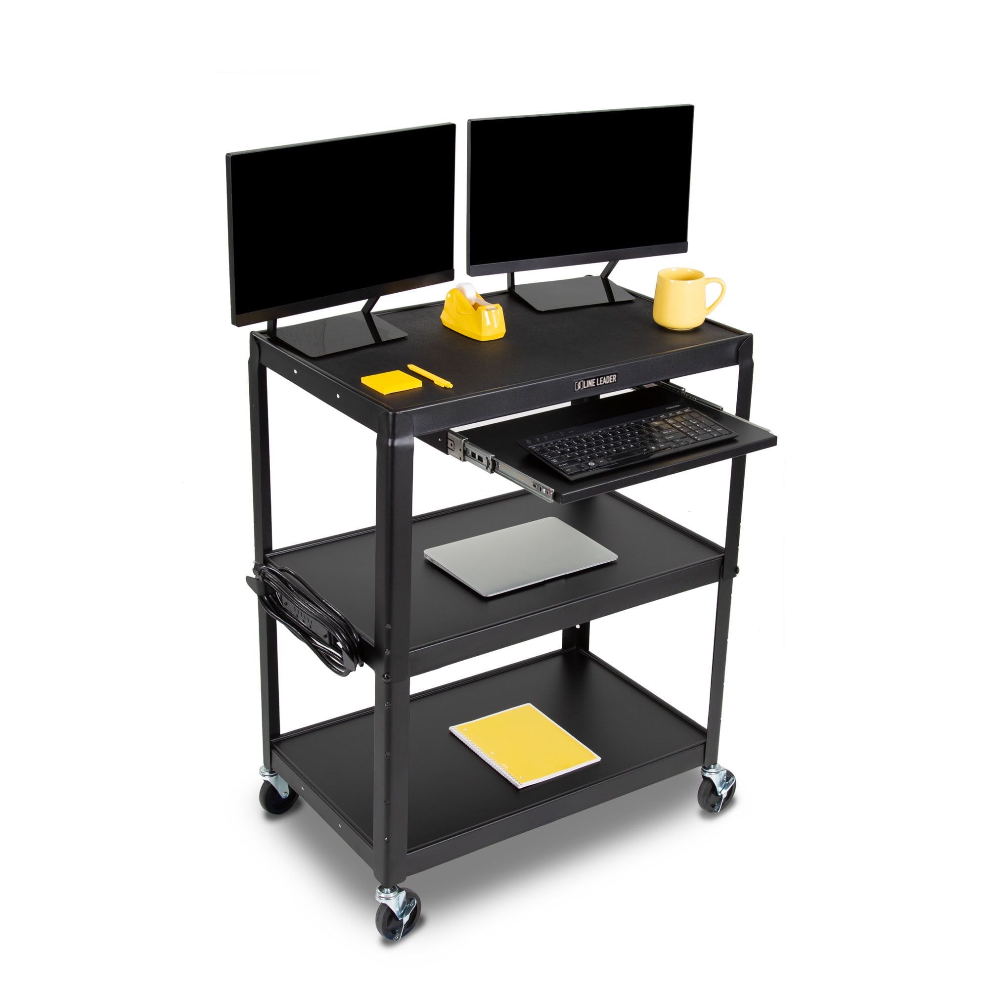 Black Adjustable Steel AV Cart with Lockable Wheels and Keyboard Tray