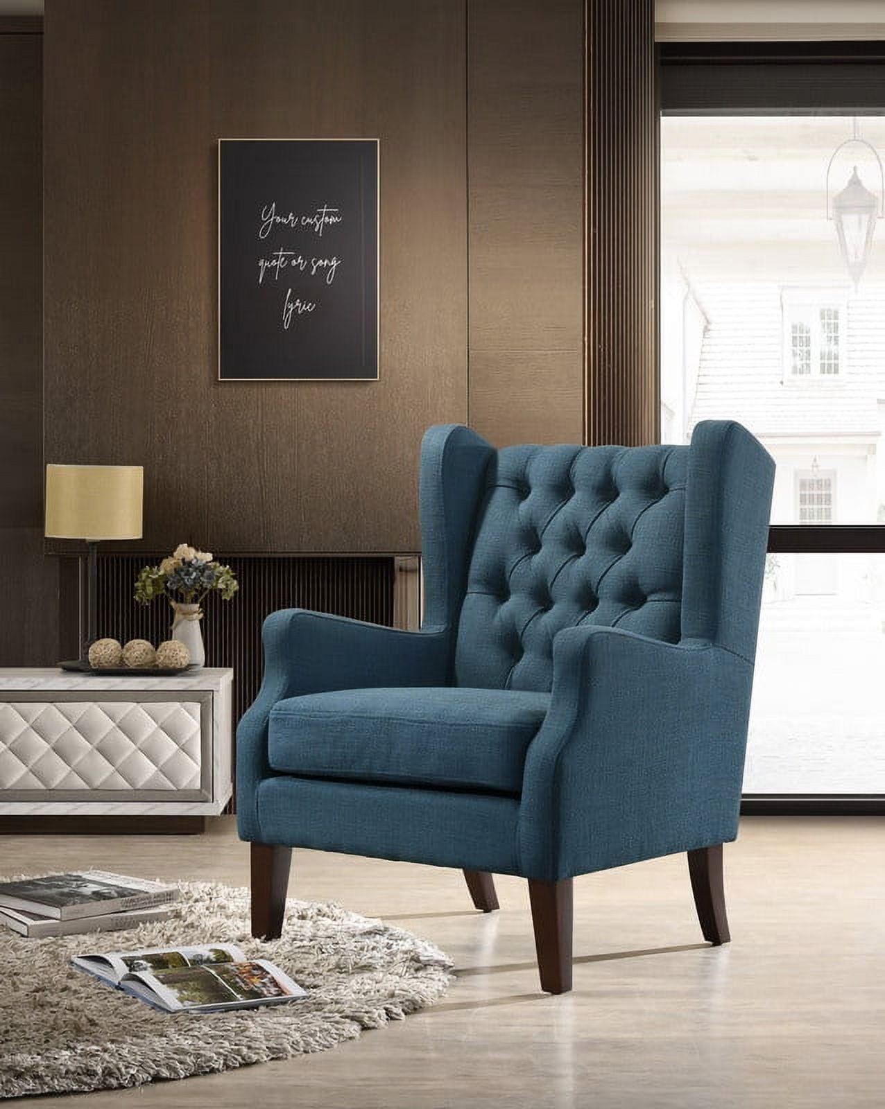 Blue Linen Button Tufted Wingback Accent Chair with Wood Legs