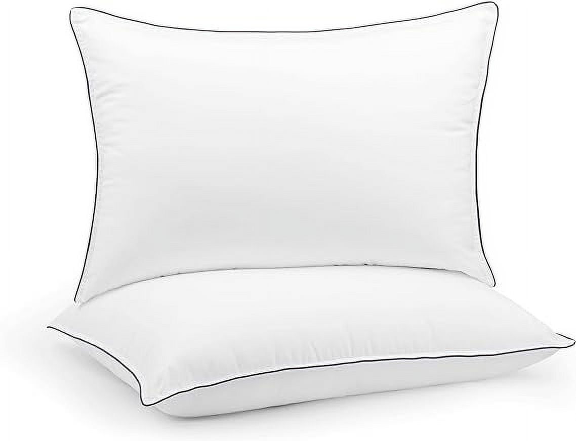 Queen Size White Microfiber Bed Pillows with Grey Piping, Set of 2