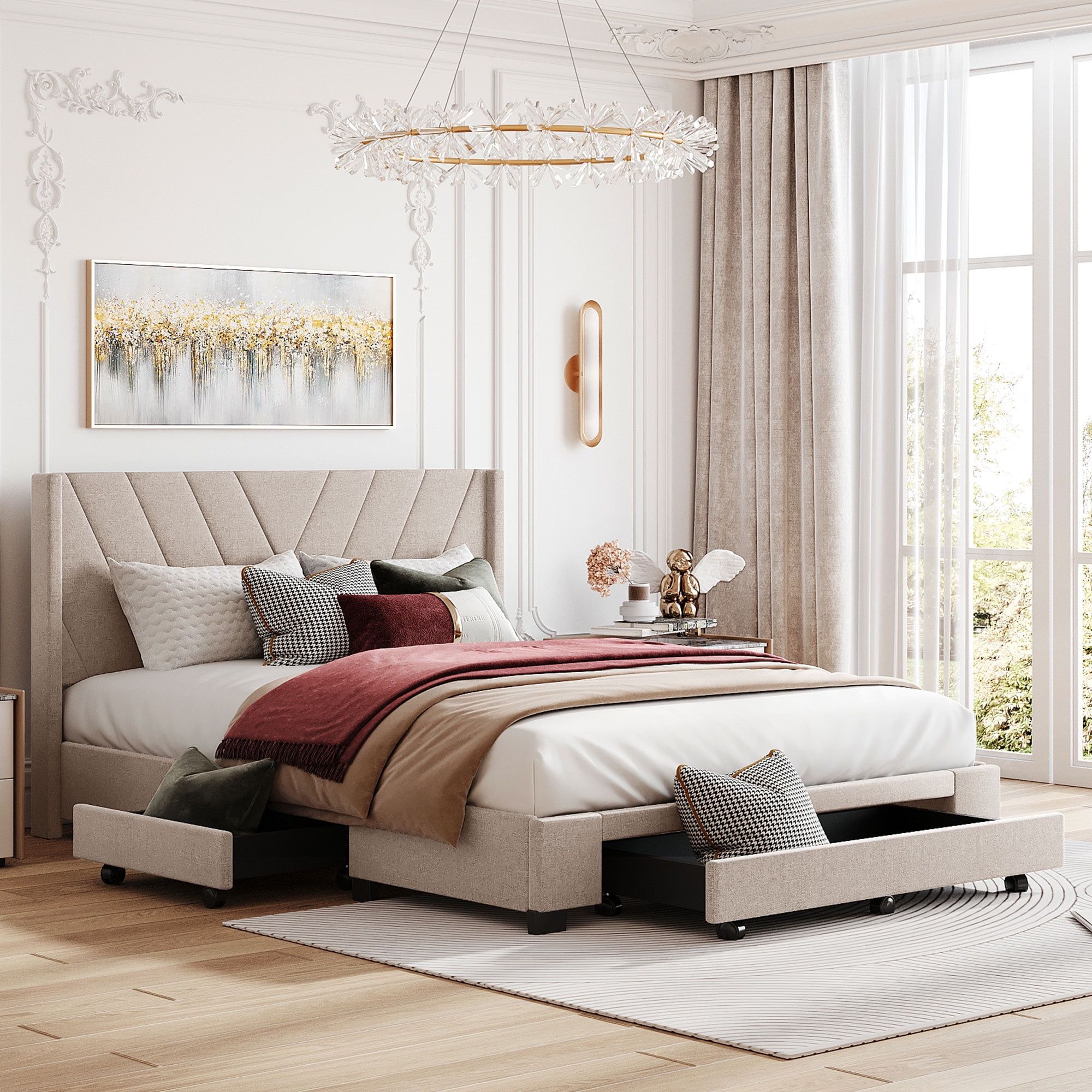 Beige Linen Upholstered Queen Platform Bed with Storage Drawers