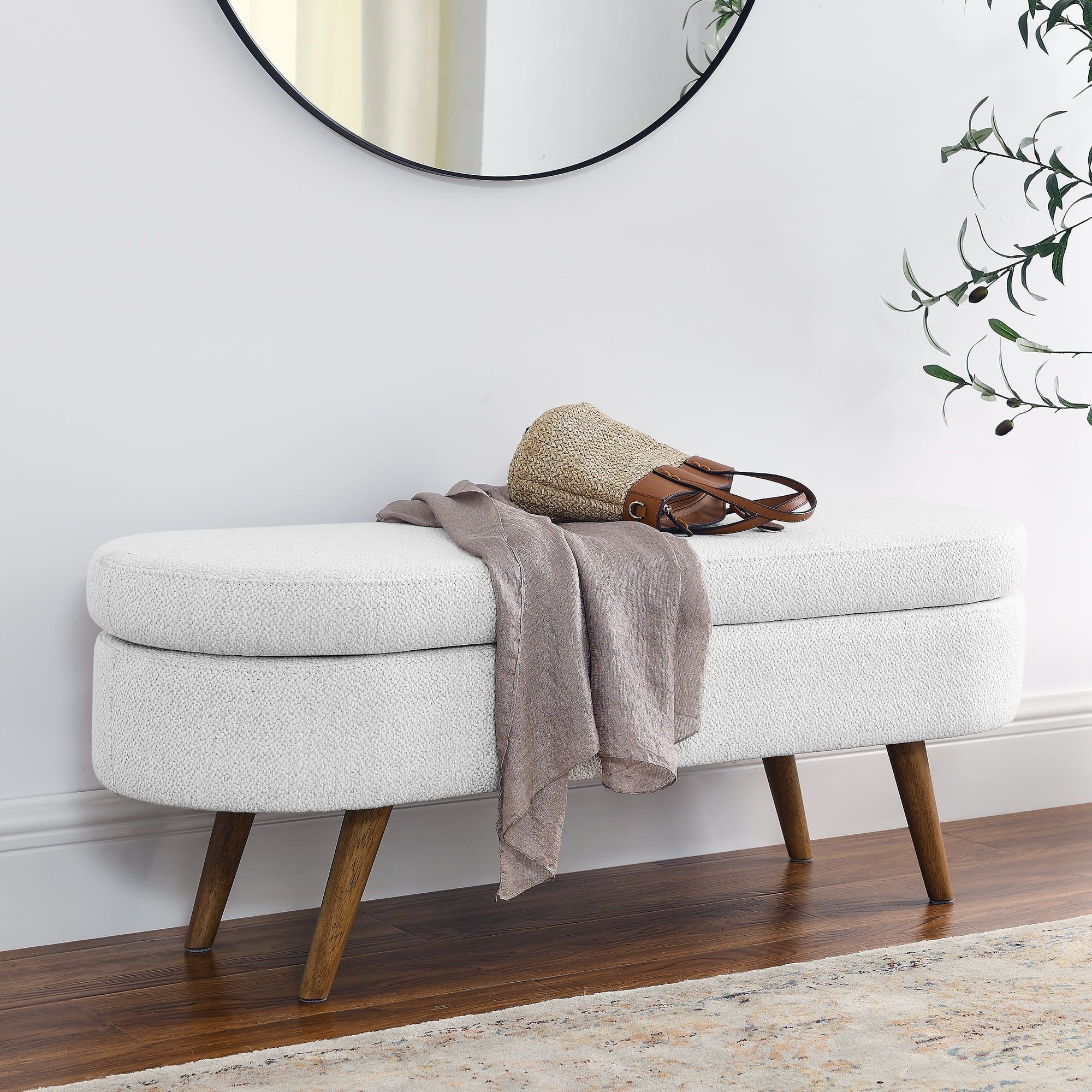 White Linen Upholstered Tufted Storage Bench with Rubber Wood Legs