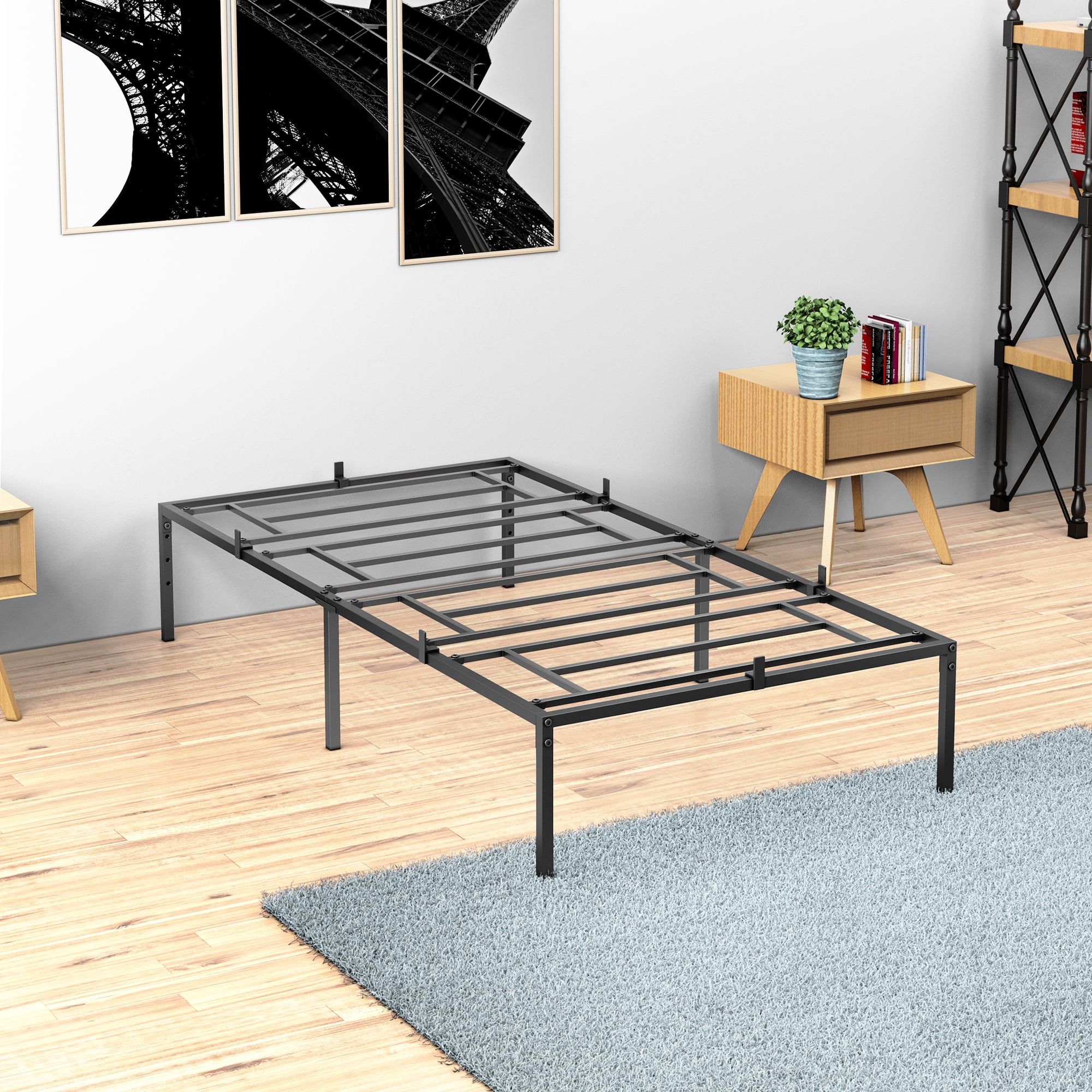 Black Twin Metal Platform Bed Frame with Storage and Slats