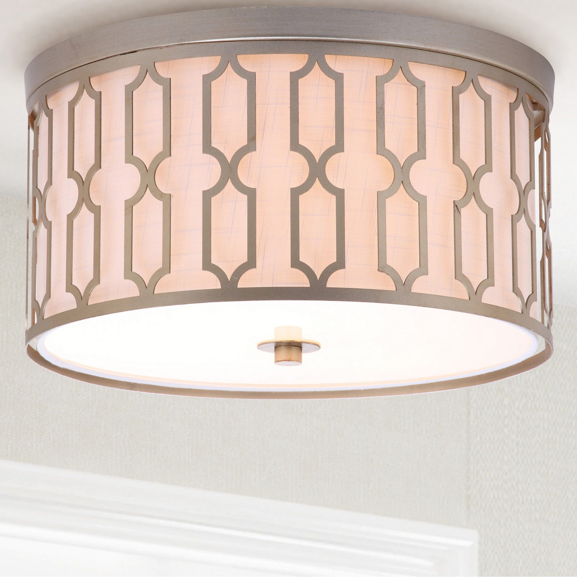 Soft Gold Geometric 3-Light LED Flush Mount with White Linen Shade