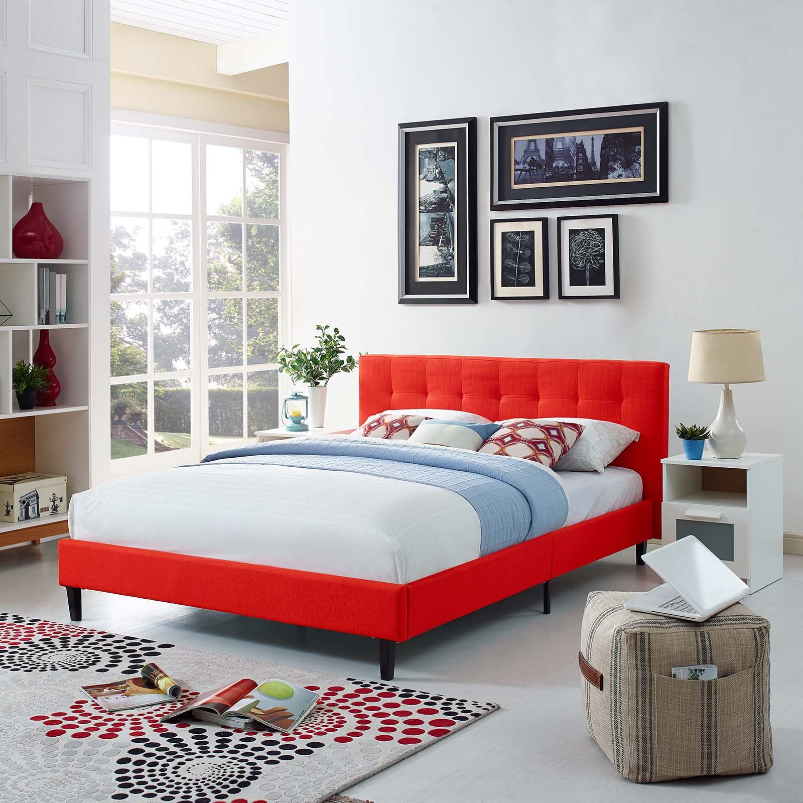 Atomic Red Full Upholstered Tufted Platform Bed with Wood Slats