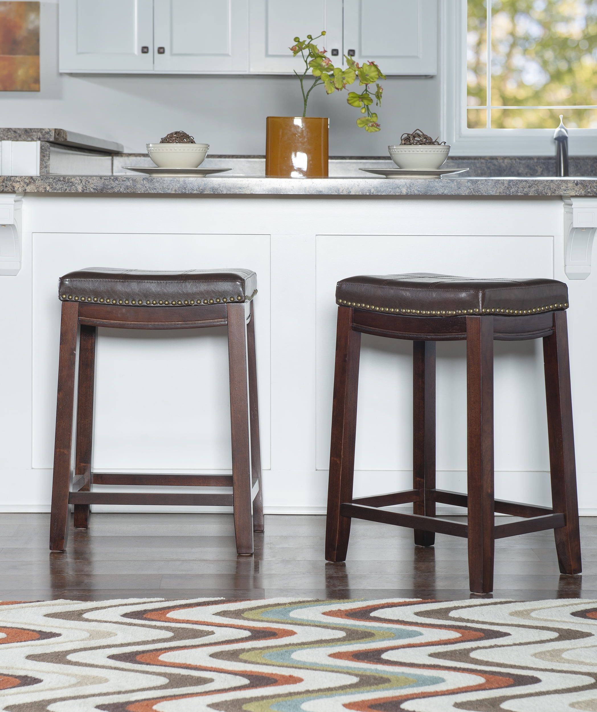 Elegant Saddle-Style 26" Backless Counter Stool, Dark Brown with Brown Leather