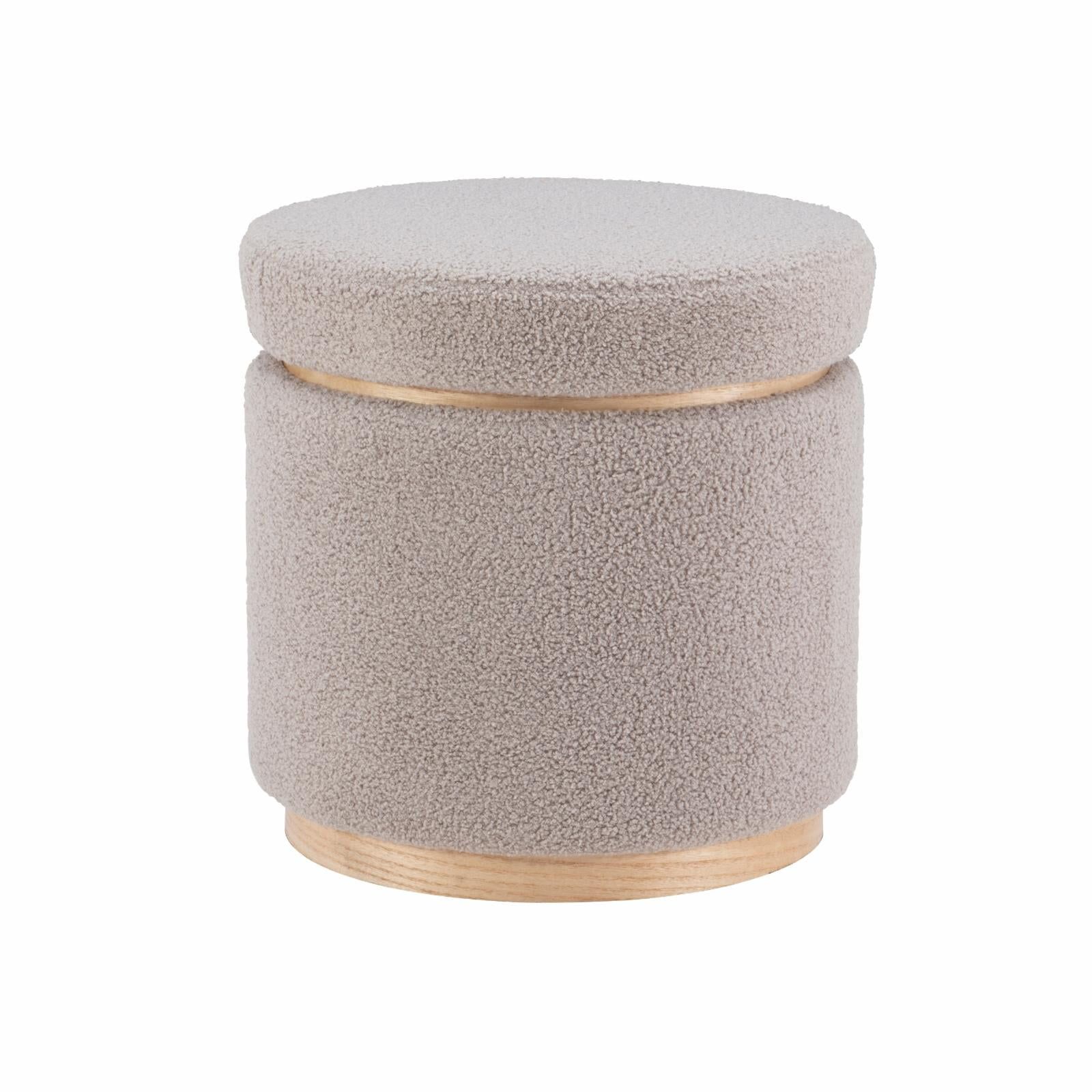 Light Gray Sherpa Round Storage Ottoman with Pinewood Trim