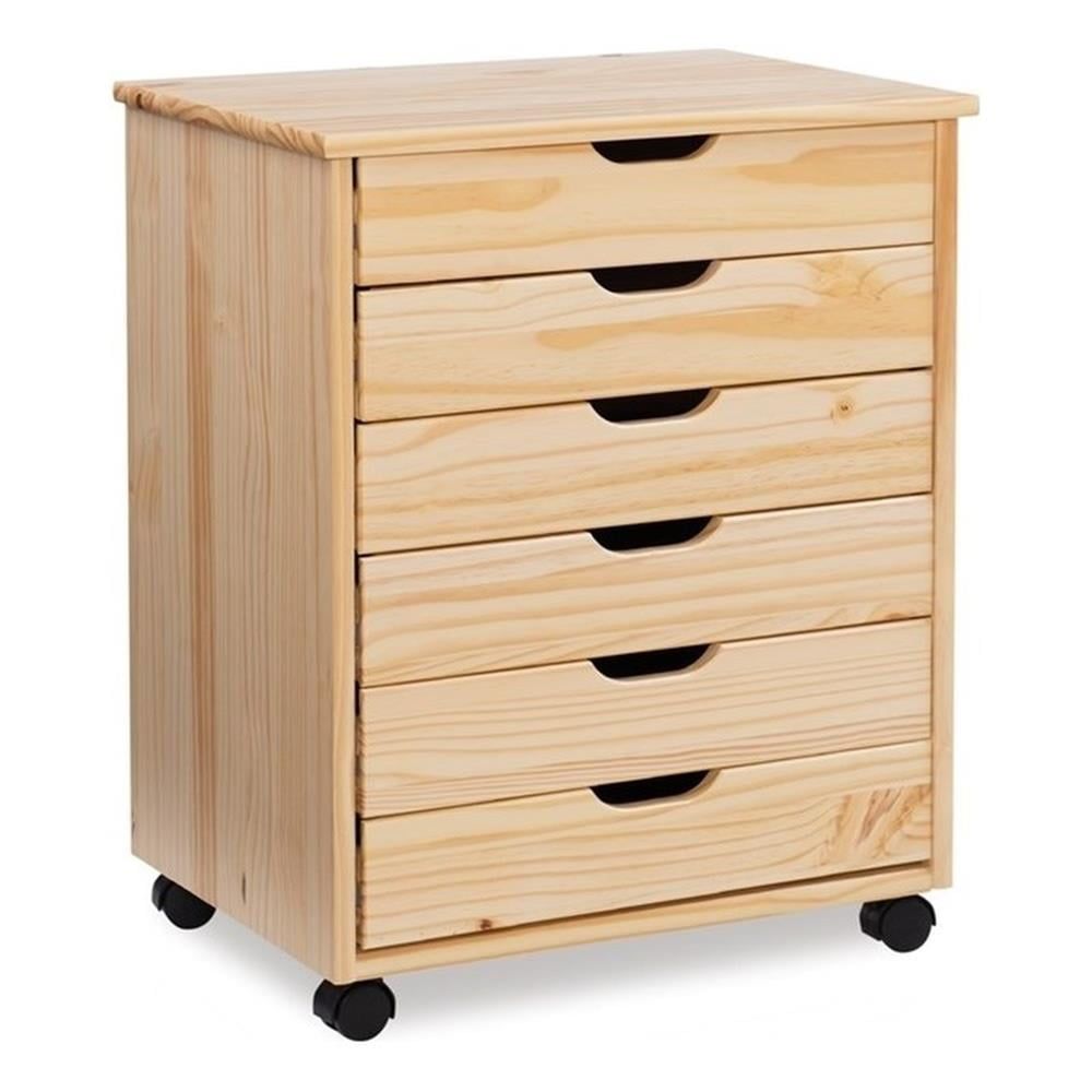 Natural Pine Six Drawer Rolling Storage Cart