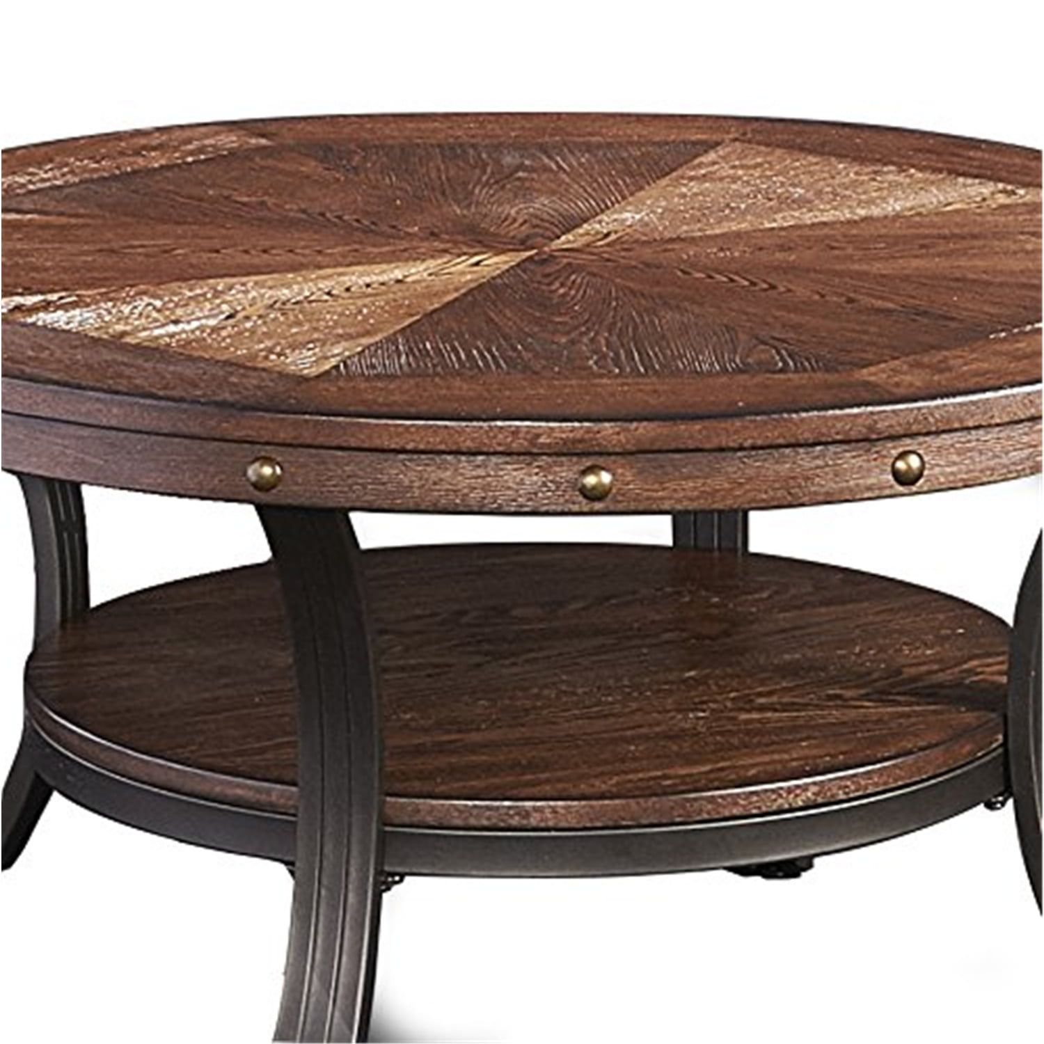 Rustic Umber Brown Franklin Round Cocktail Table with Nailhead Accents