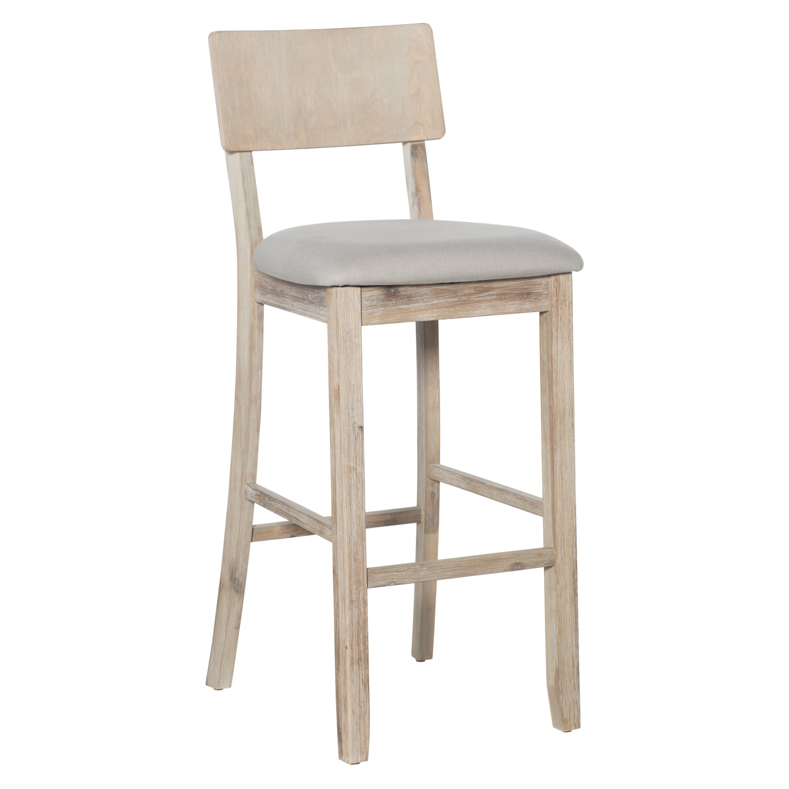 Rustic Gray Wash 46" Acacia Wood Bar Stool with Light Gray Linen Cushion