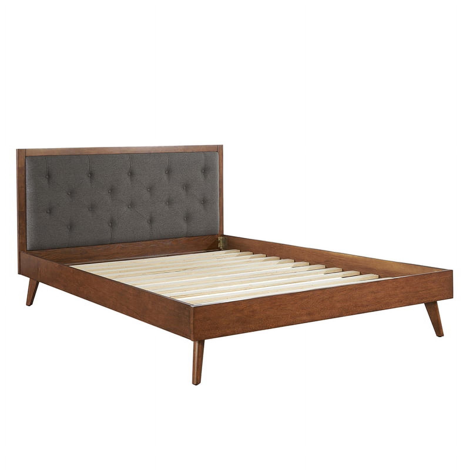 Walnut Brown Queen Platform Bed with Tufted Grey Upholstery