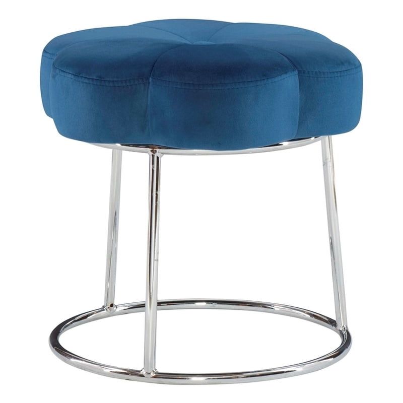 Navy Velvet Floral-Inspired Vanity Stool with Chrome Base