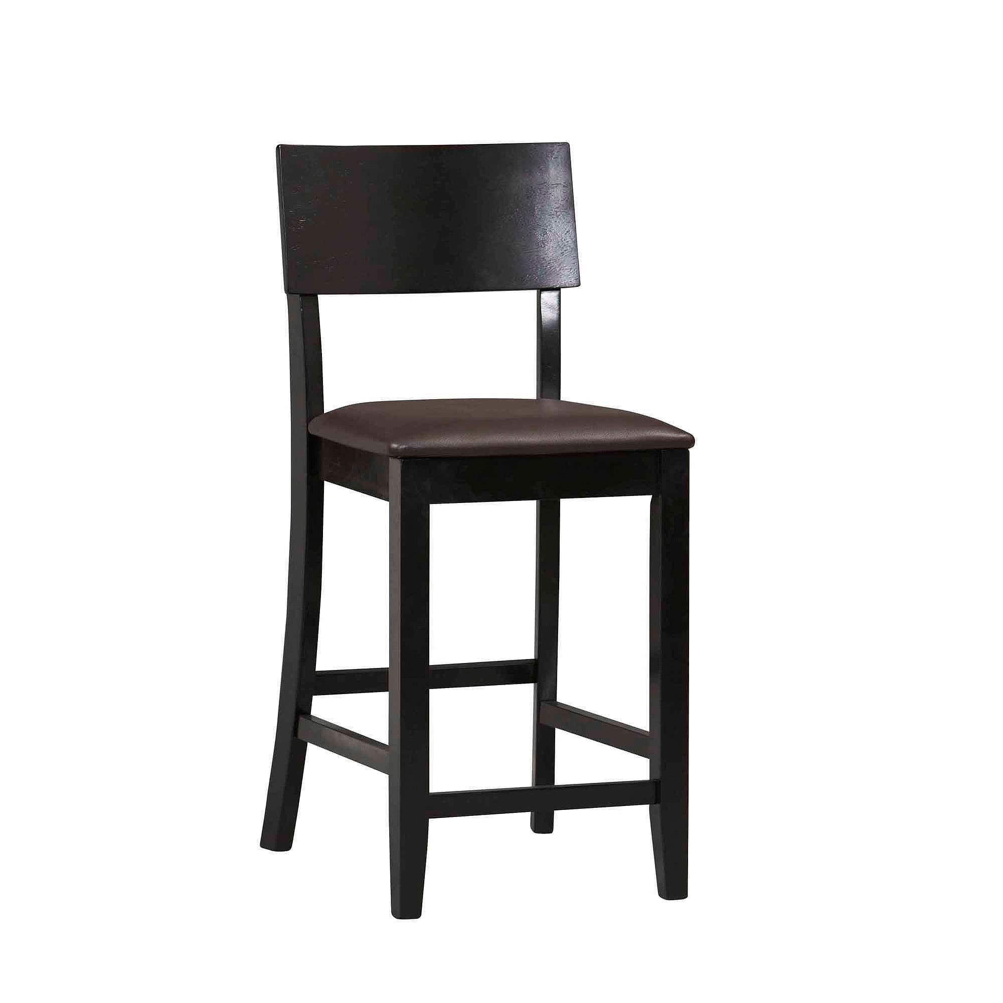 Elegant 24" Black and Cherry Wood Counter Stool with Dark Brown Faux Leather Seat