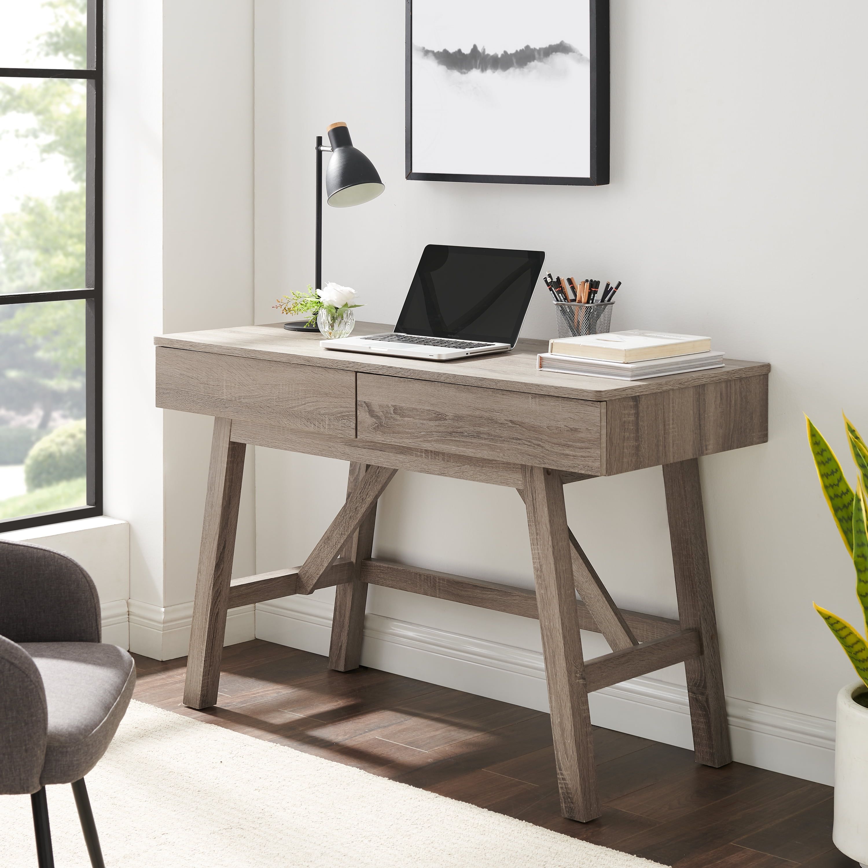 Modern Rustic Gray 52'' Wood Desk with Dual Storage Drawers