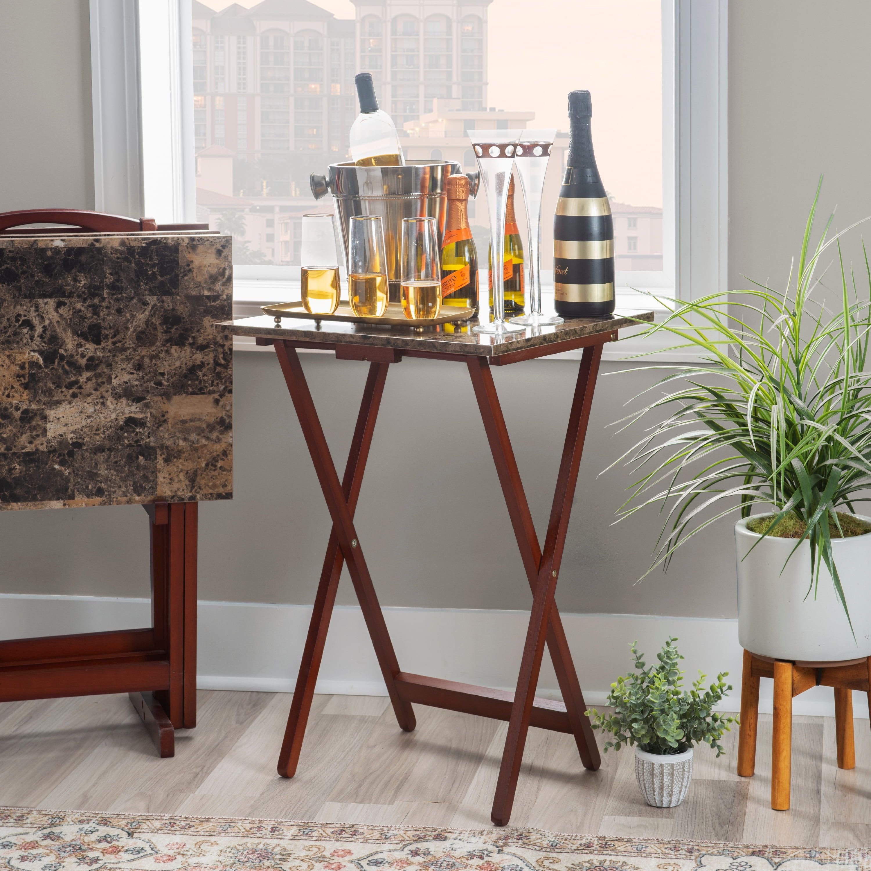 Classic Faux Marble Top Brown Wood 5-Piece Tray Table Set