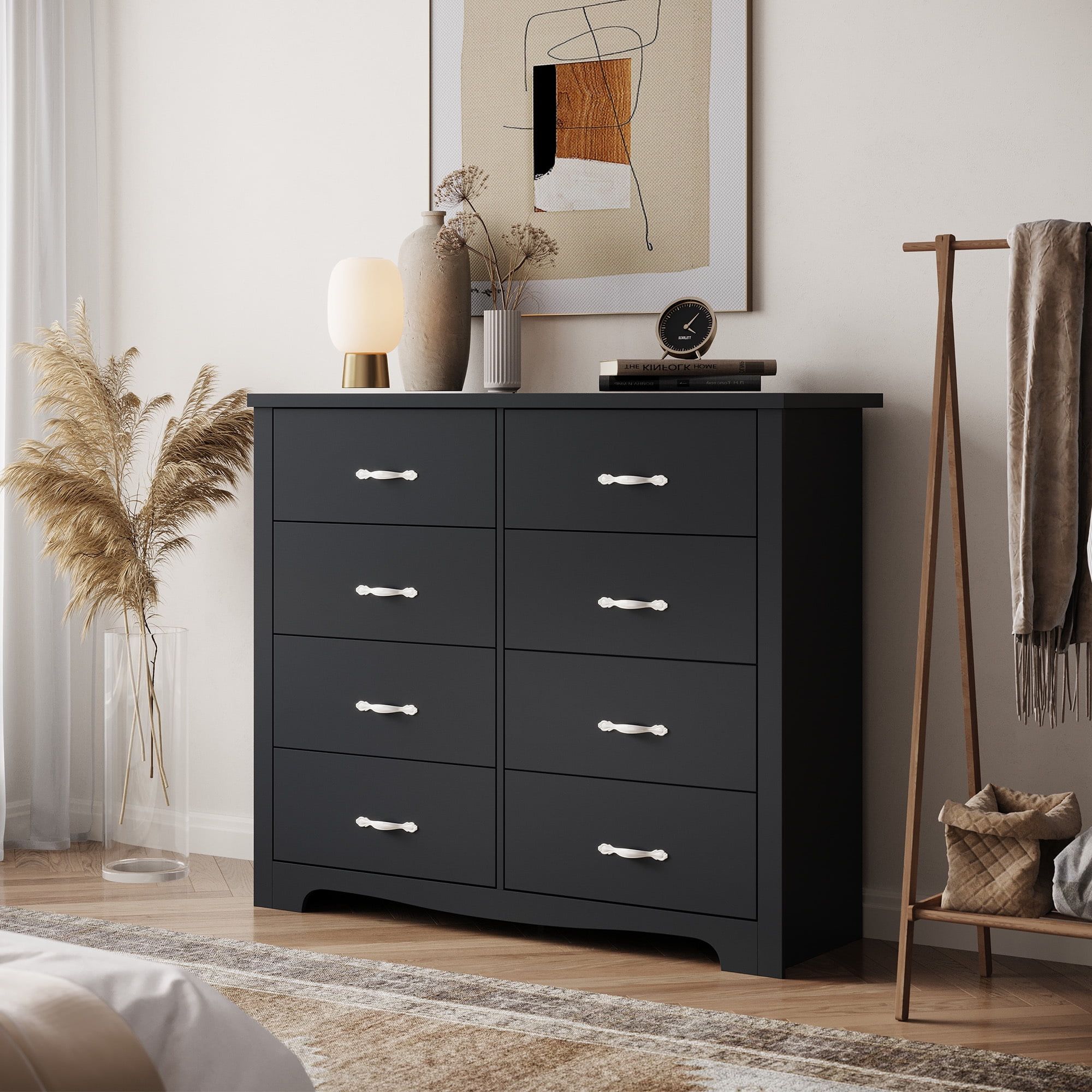 Black Mid-Century Modern 8-Drawer Double Dresser