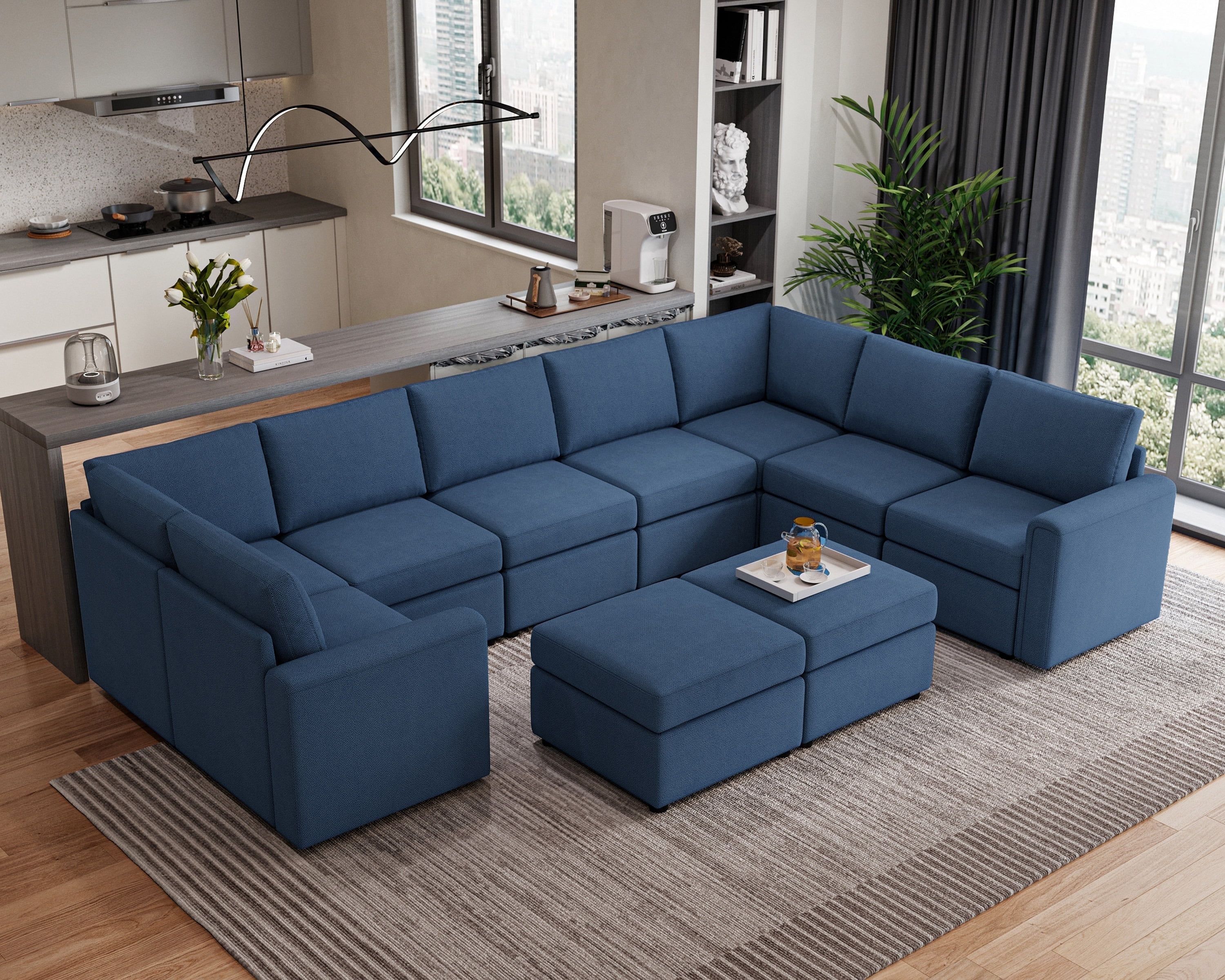 Blue Oversized Modular Sectional Sofa with Storage Ottomans