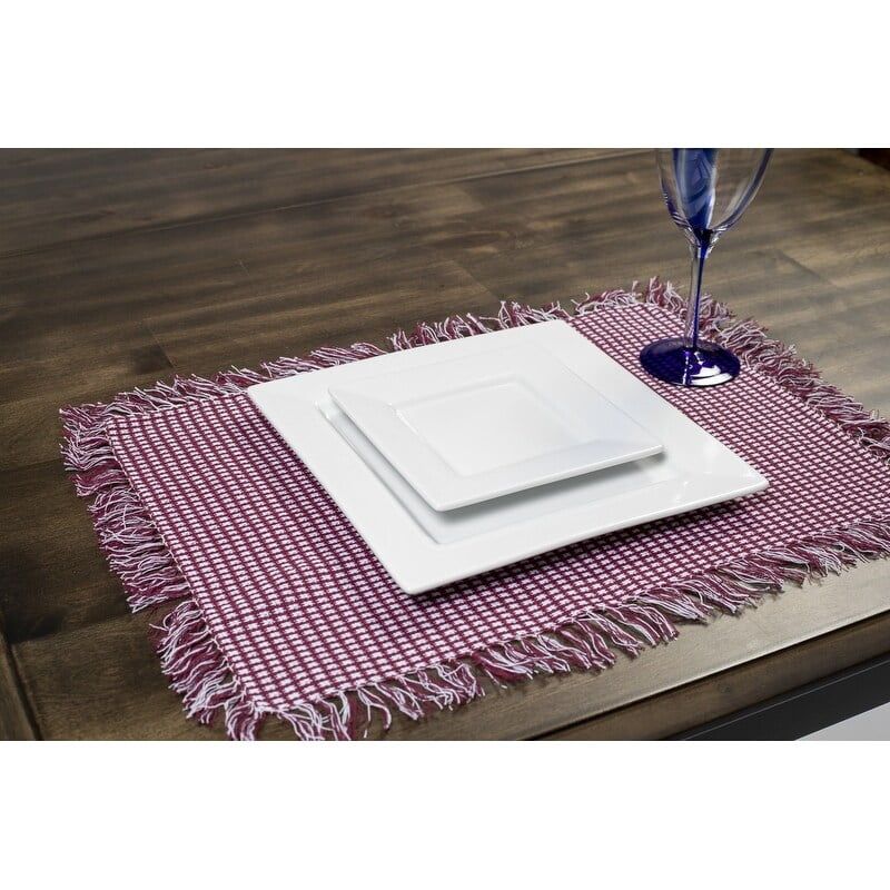 Wine Checkered Cotton Placemat Set with Fringed Edges