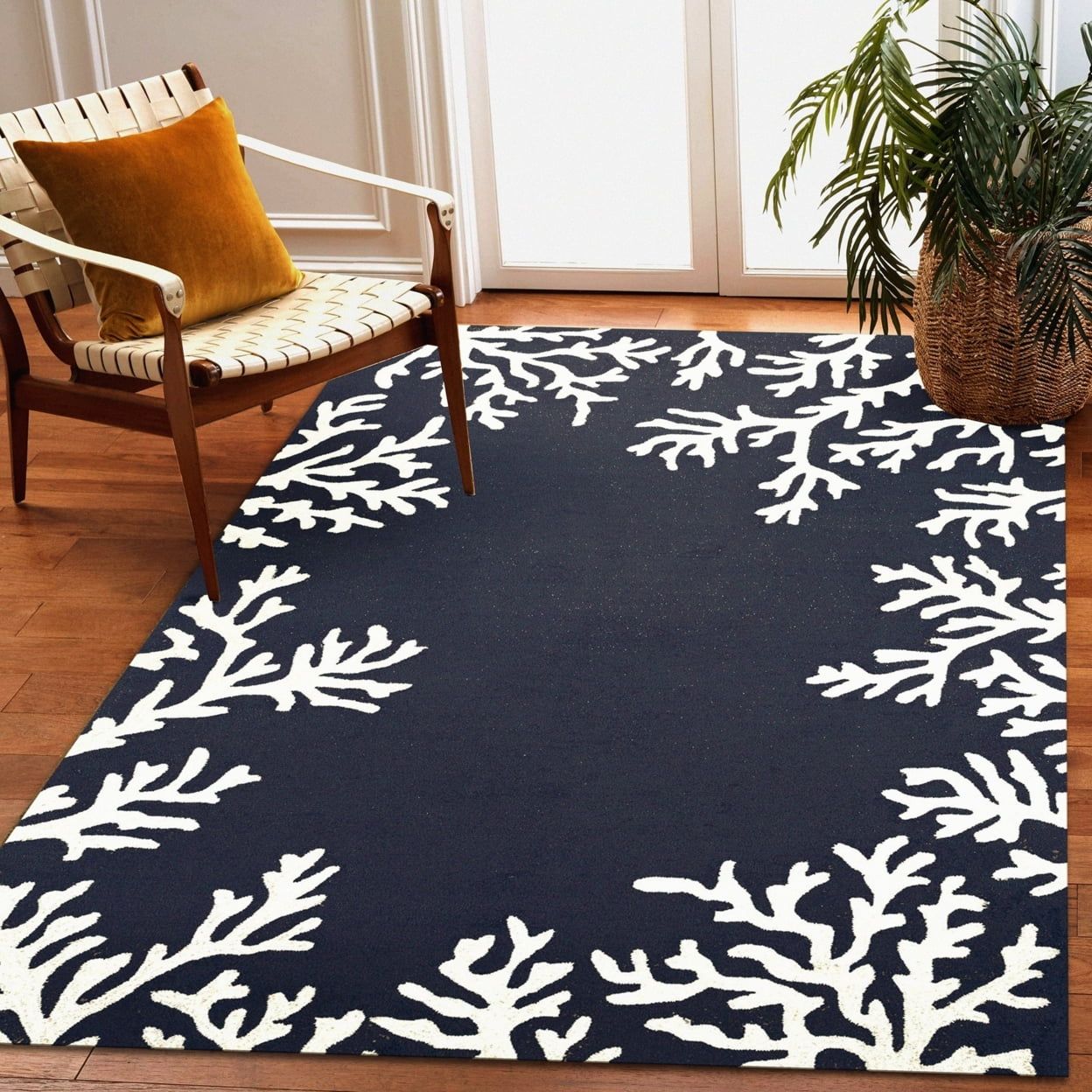 Capri Navy Blue and White Coral Motif Hand-Tufted Area Rug
