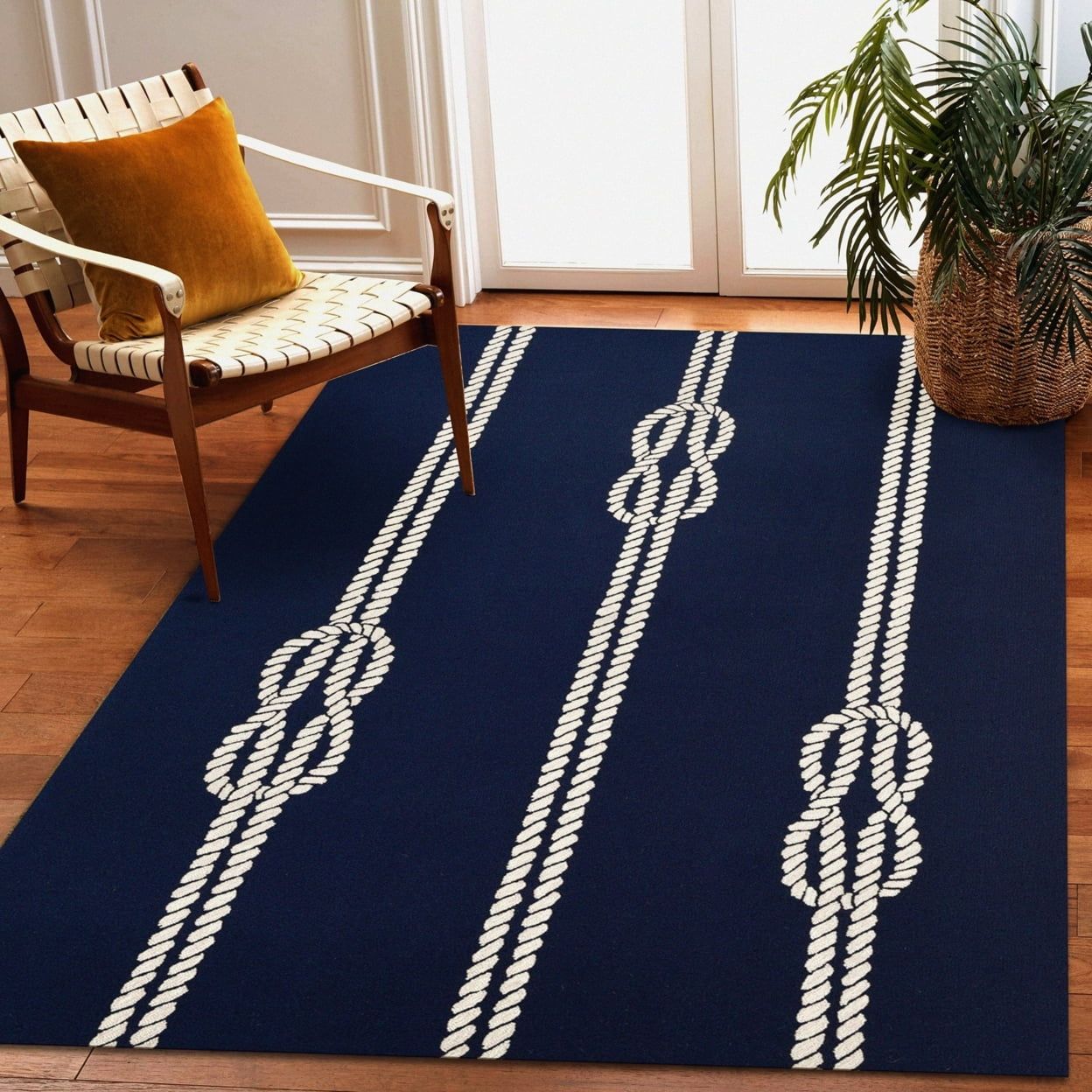 Navy Blue and White Synthetic Hand-Tufted Coastal Area Rug
