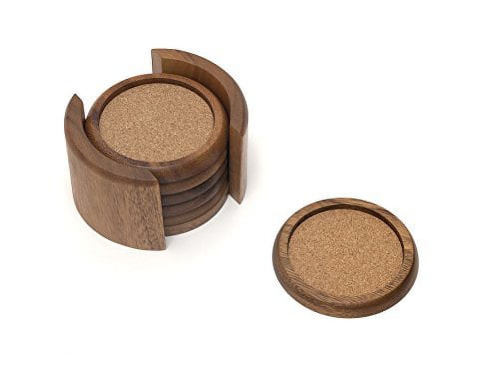 Acacia Wood Round Coasters with Cork Inserts, 7-Piece Set