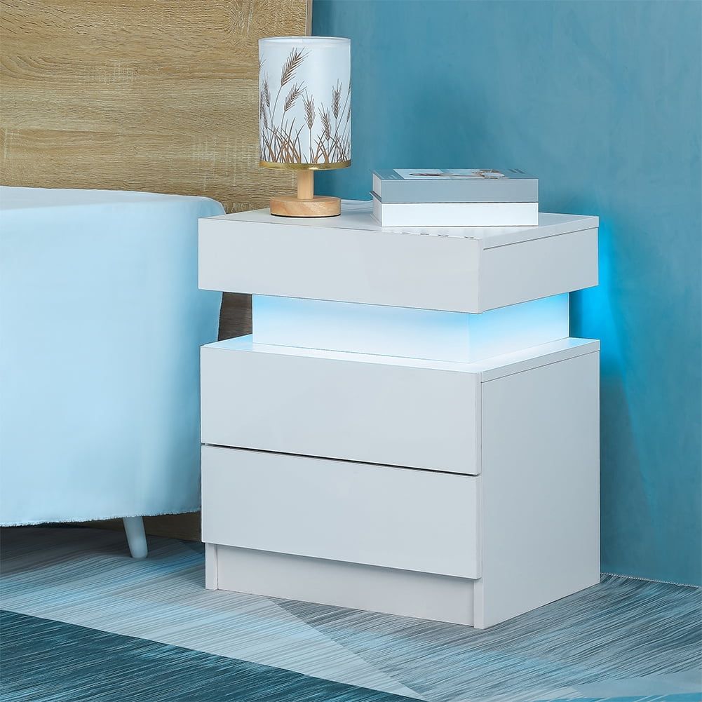 White High Gloss LED 2-Drawer Nightstand with Charging Ports