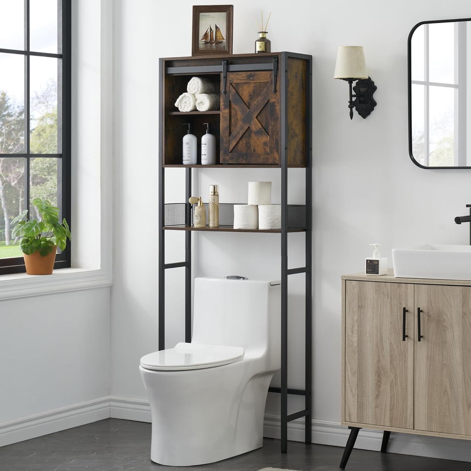 Rustic Brown Wood Over-the-Toilet Storage Cabinet with Sliding Door