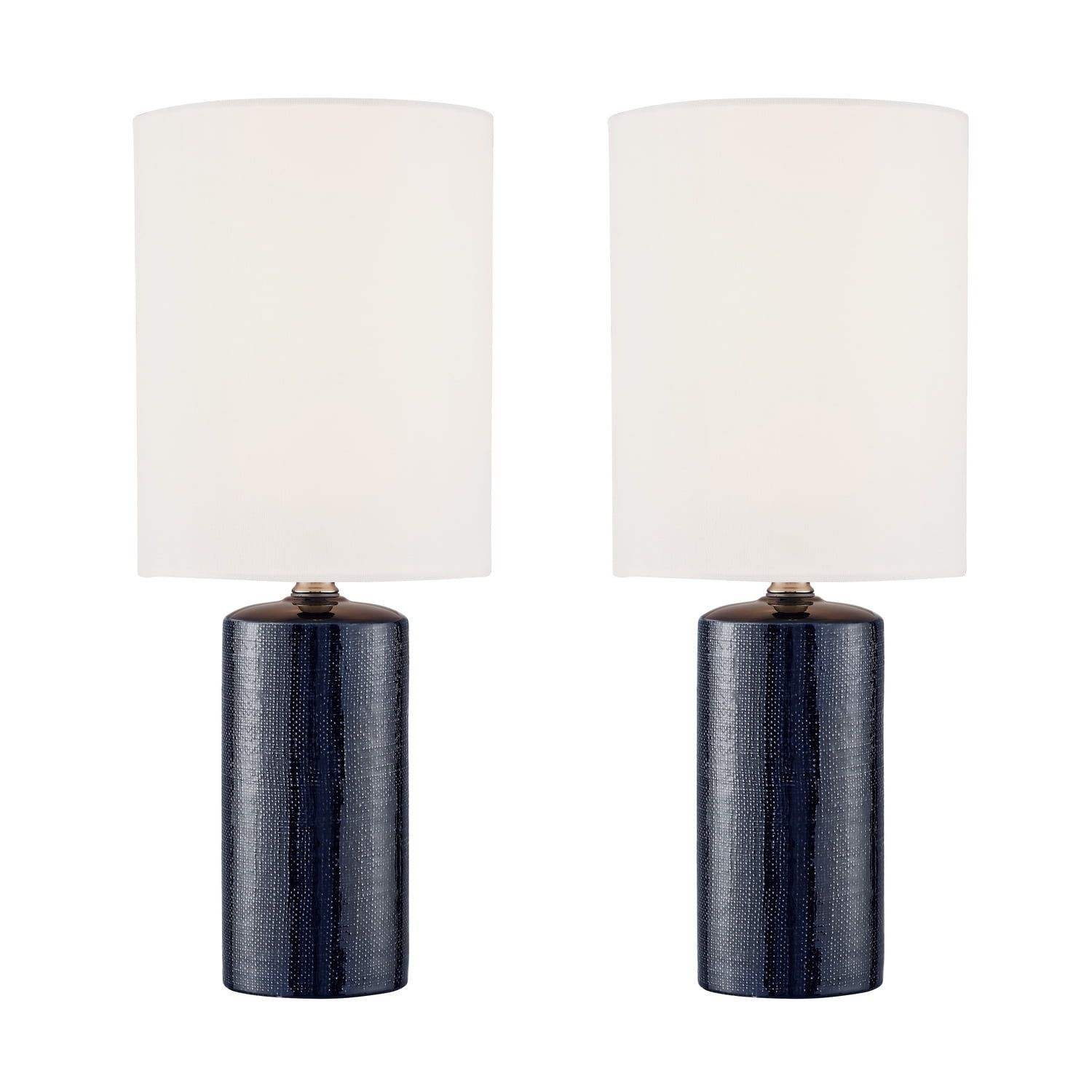 Navy Blue Ceramic Table Lamp Set with White Linen Shades