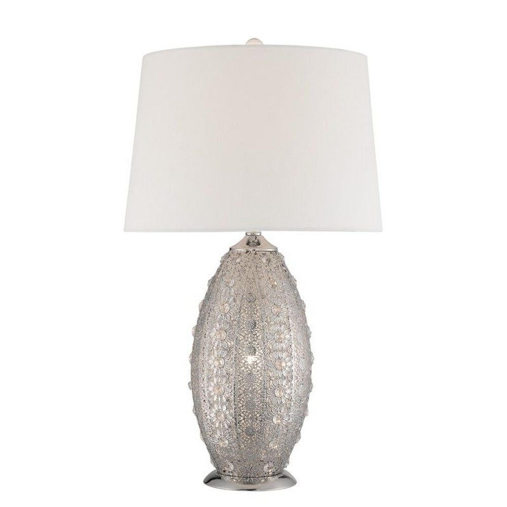 Polished Nickel Filigree Oval Table Lamp with White Shade