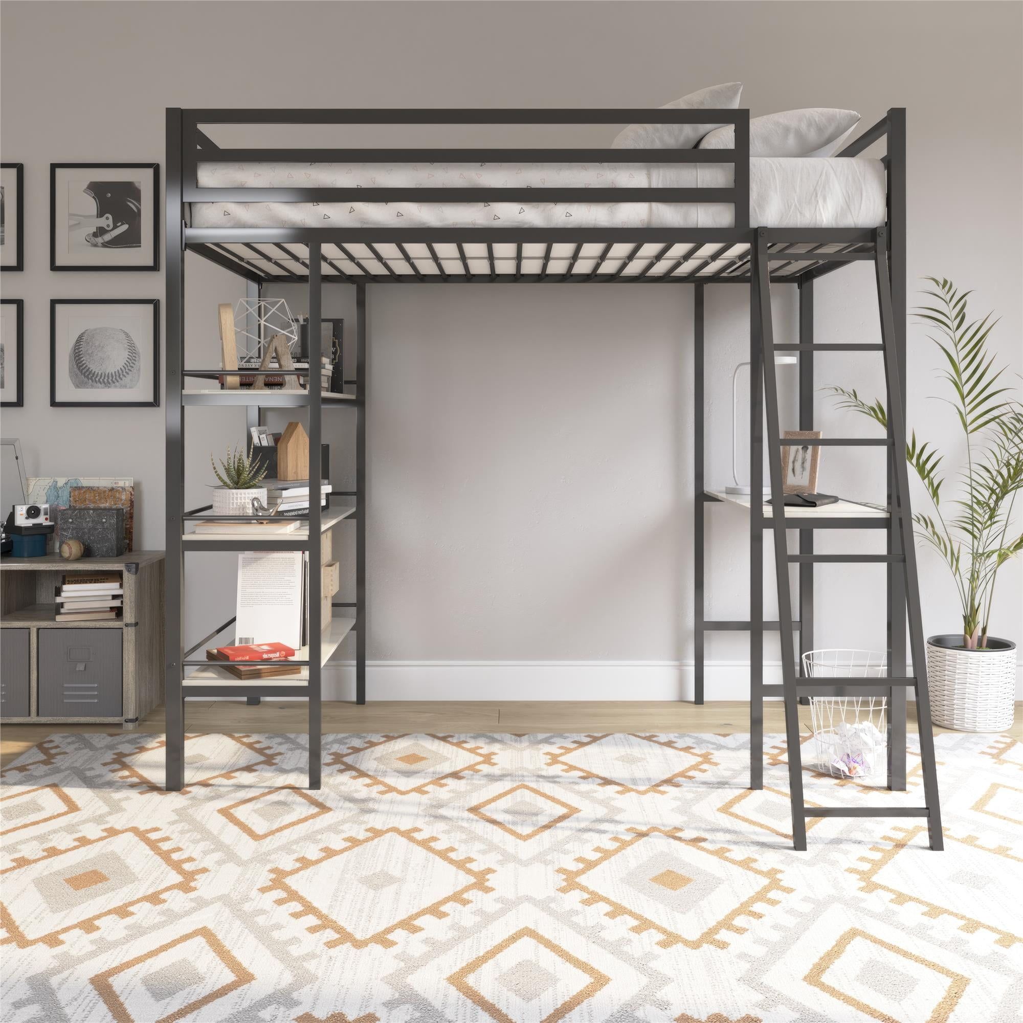 Gray Twin Metal Loft Bed with Desk and Shelves