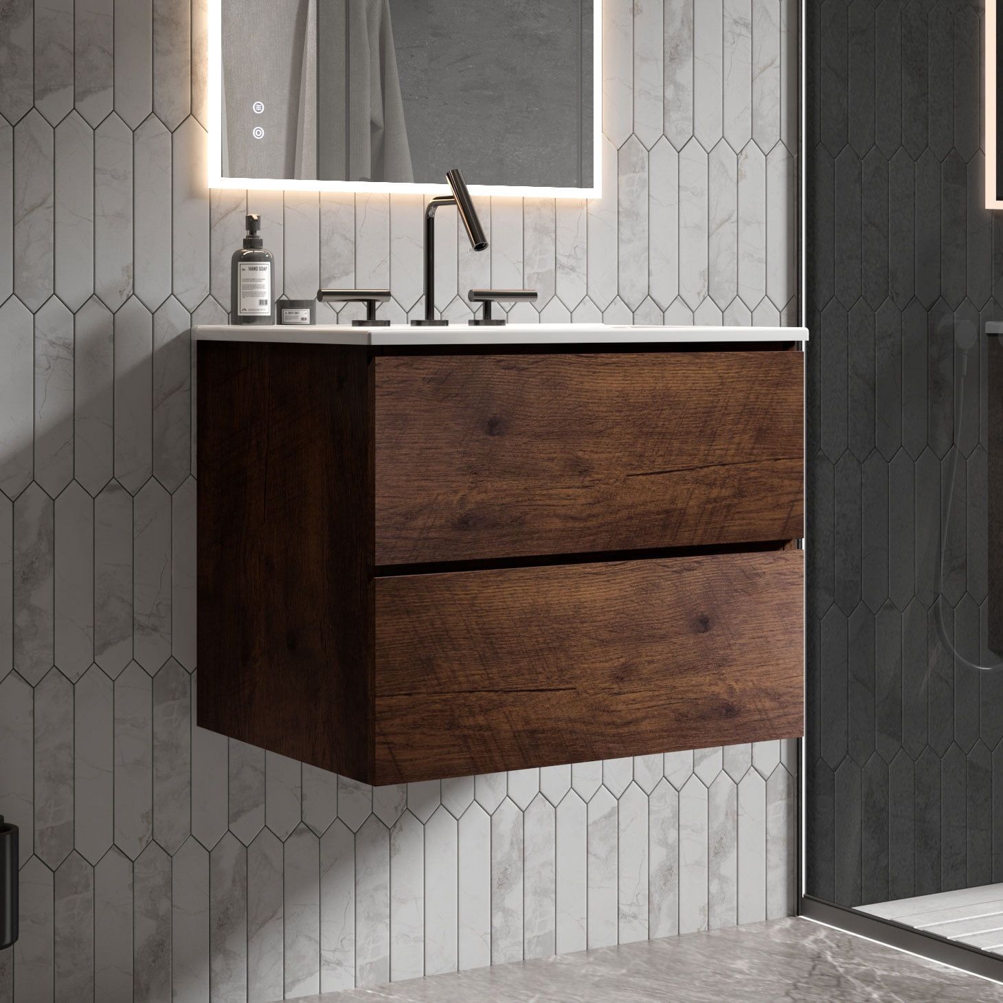 24" Walnut Floating Bathroom Vanity with Ceramic Sink